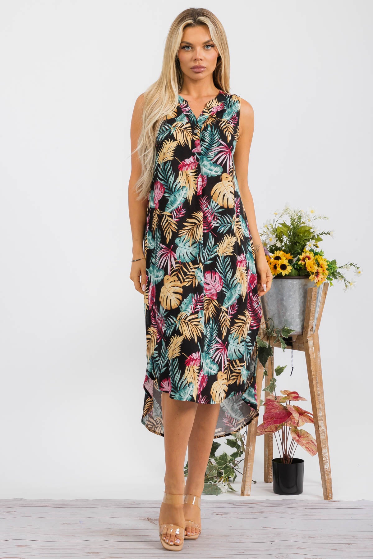 HH766R-TROPICAL - Sleeveless Midi Dress