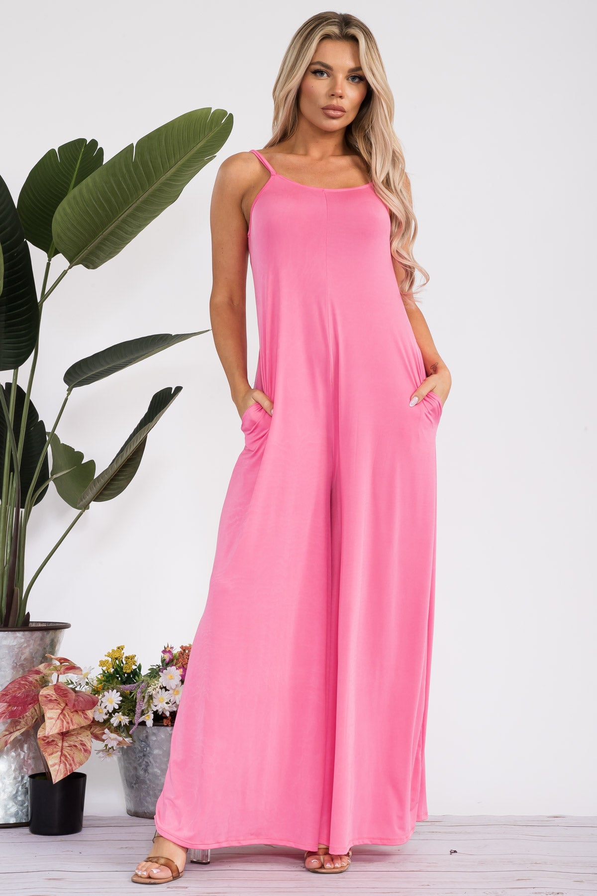 HH697R-S - SPAGHETTI STRAP WIDE LEG JUMPSUIT