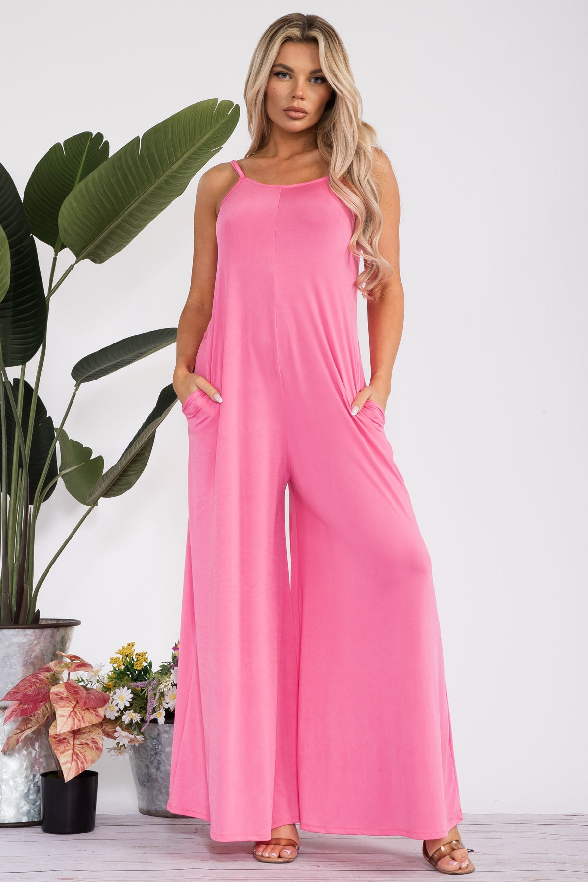 HH697R-S - SPAGHETTI STRAP WIDE LEG JUMPSUIT