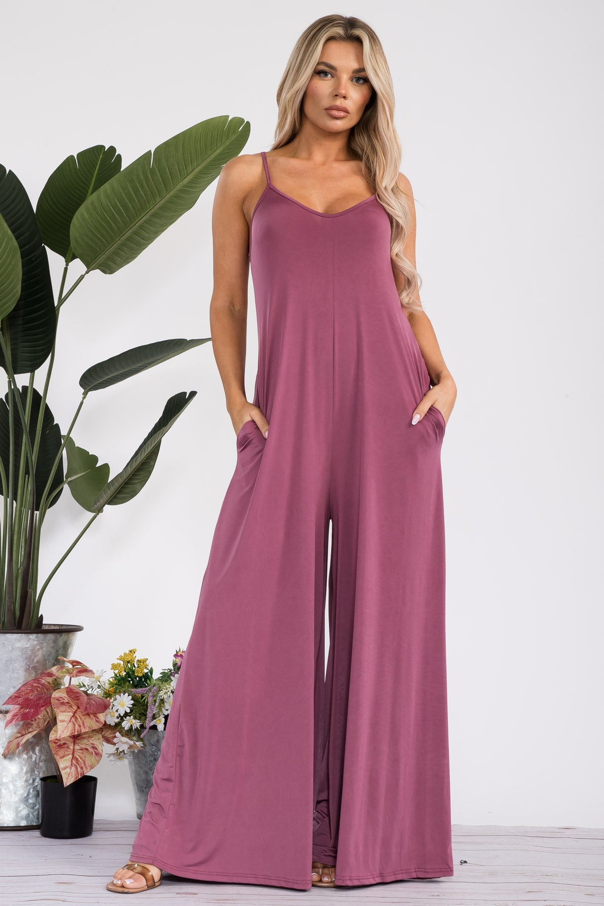 HH697R-S - SPAGHETTI STRAP WIDE LEG JUMPSUIT