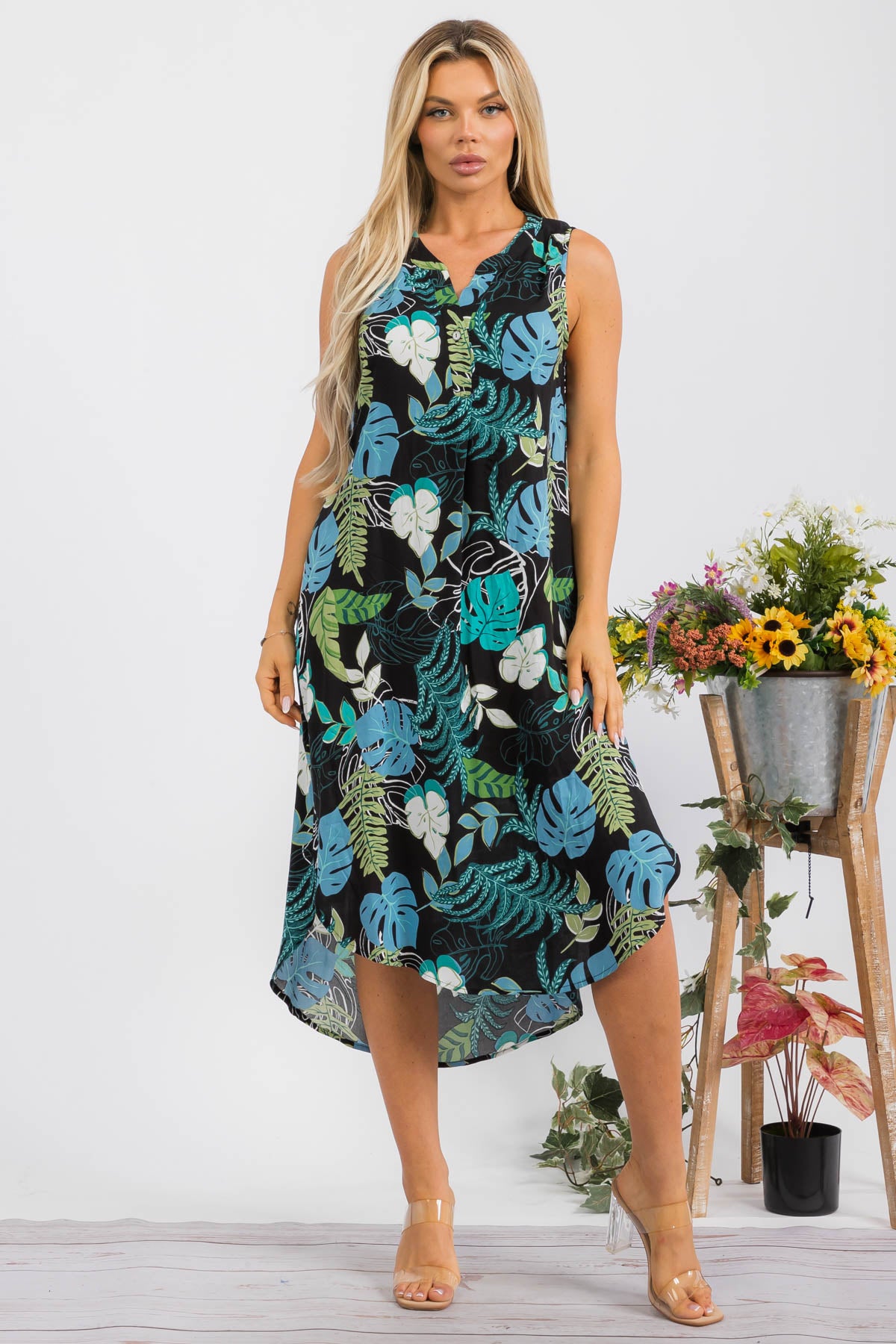 HH766X-TROPICAL - Sleeveless Midi Dress