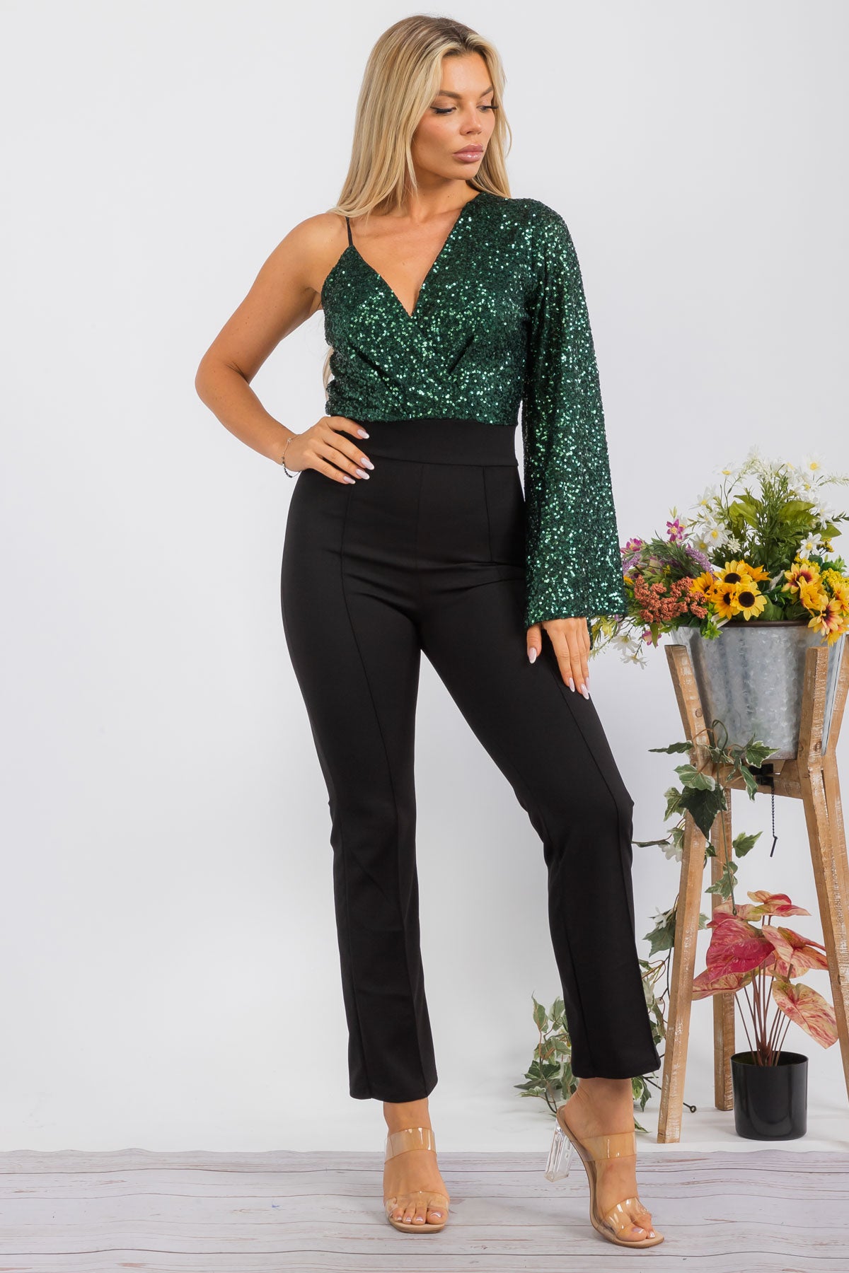 HH742R-SEQUIN - SEQUIN TOP JUMPSUIT