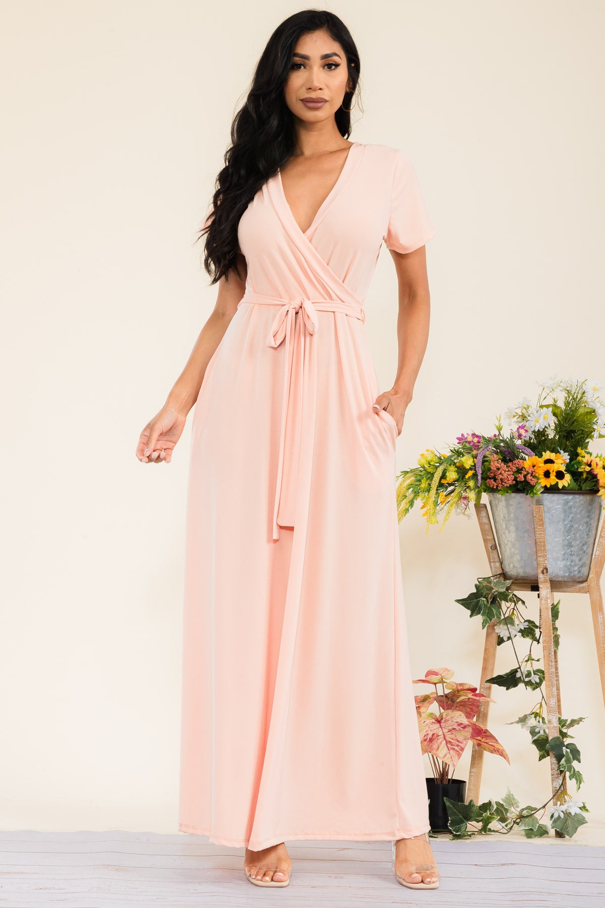 SAN149X-SL - SHORT SLEEVE SOLID MAXI DRESS