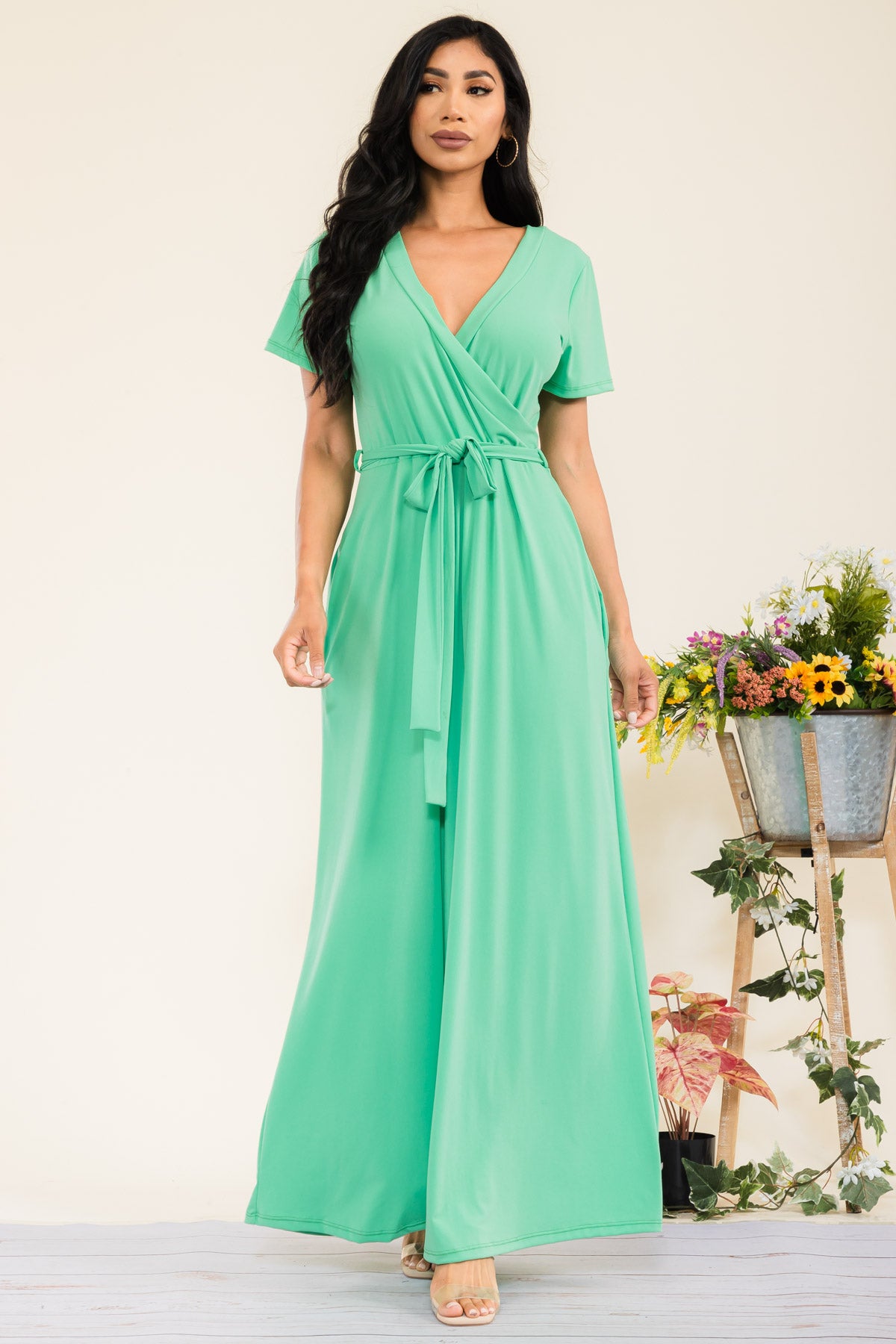 SAN149X-SL - SHORT SLEEVE SOLID MAXI DRESS