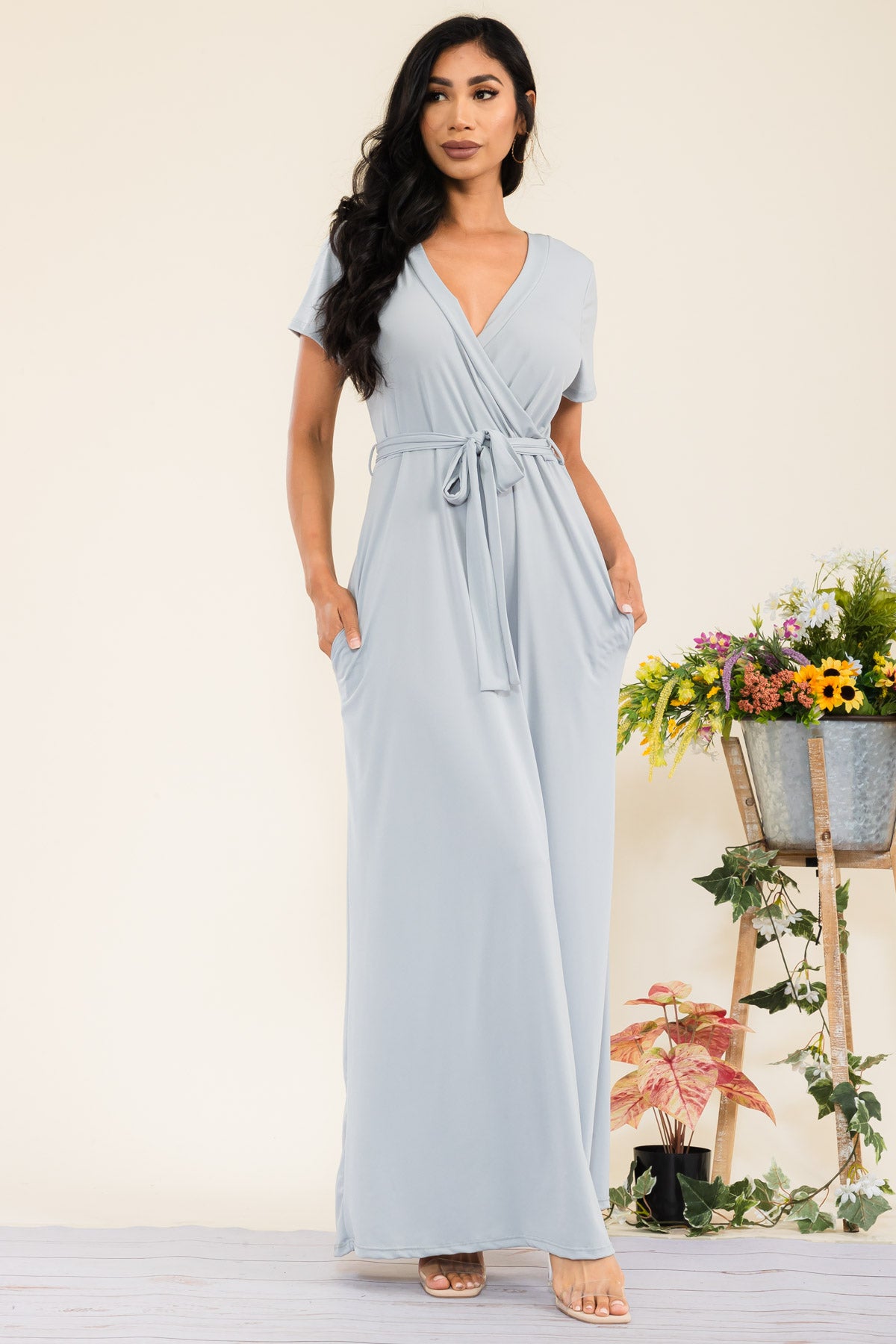 SAN149X-SL - SHORT SLEEVE SOLID MAXI DRESS