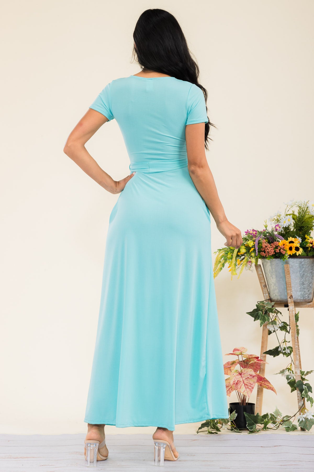 SAN149R-SL - SHORT SLEEVE SOLID MAXI DRESS