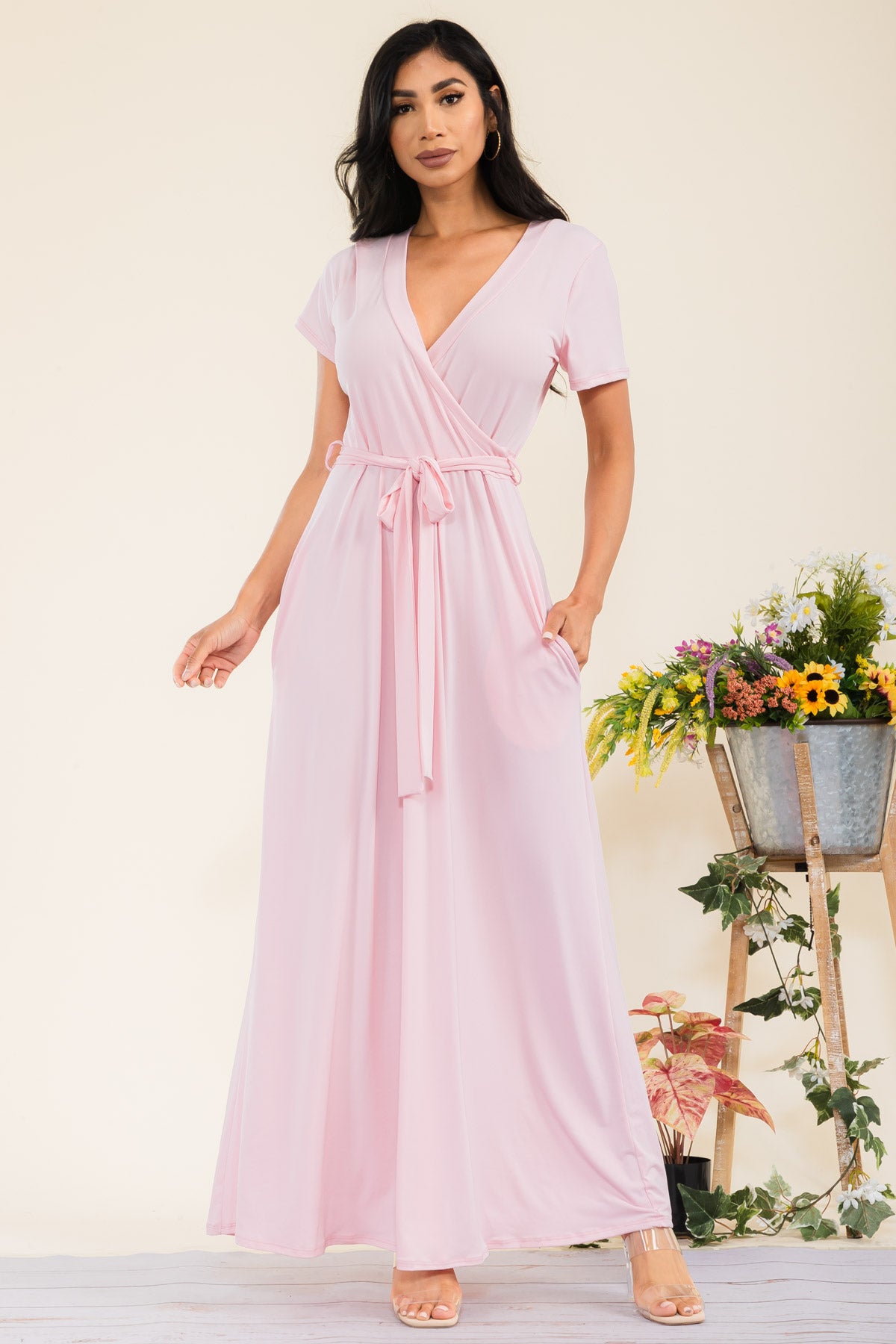 SAN149X-SL - SHORT SLEEVE SOLID MAXI DRESS