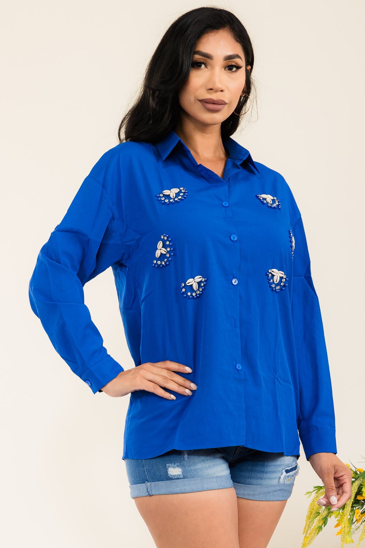 J474 - SHELL DETAIL LONG SLEEVE COLLARD SHIRT