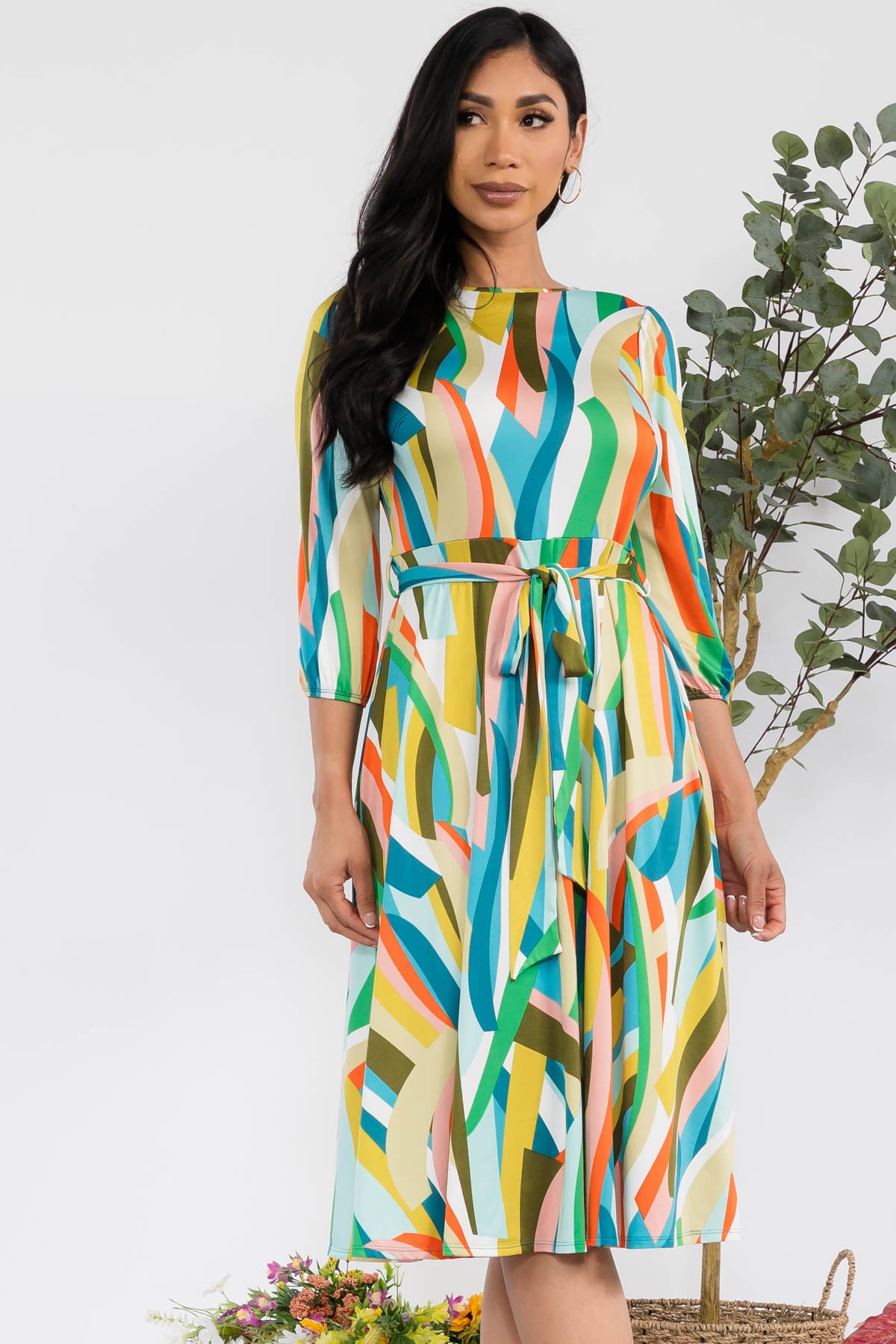 HH583X-RIBBON - SELF TIE MIDI DRESS