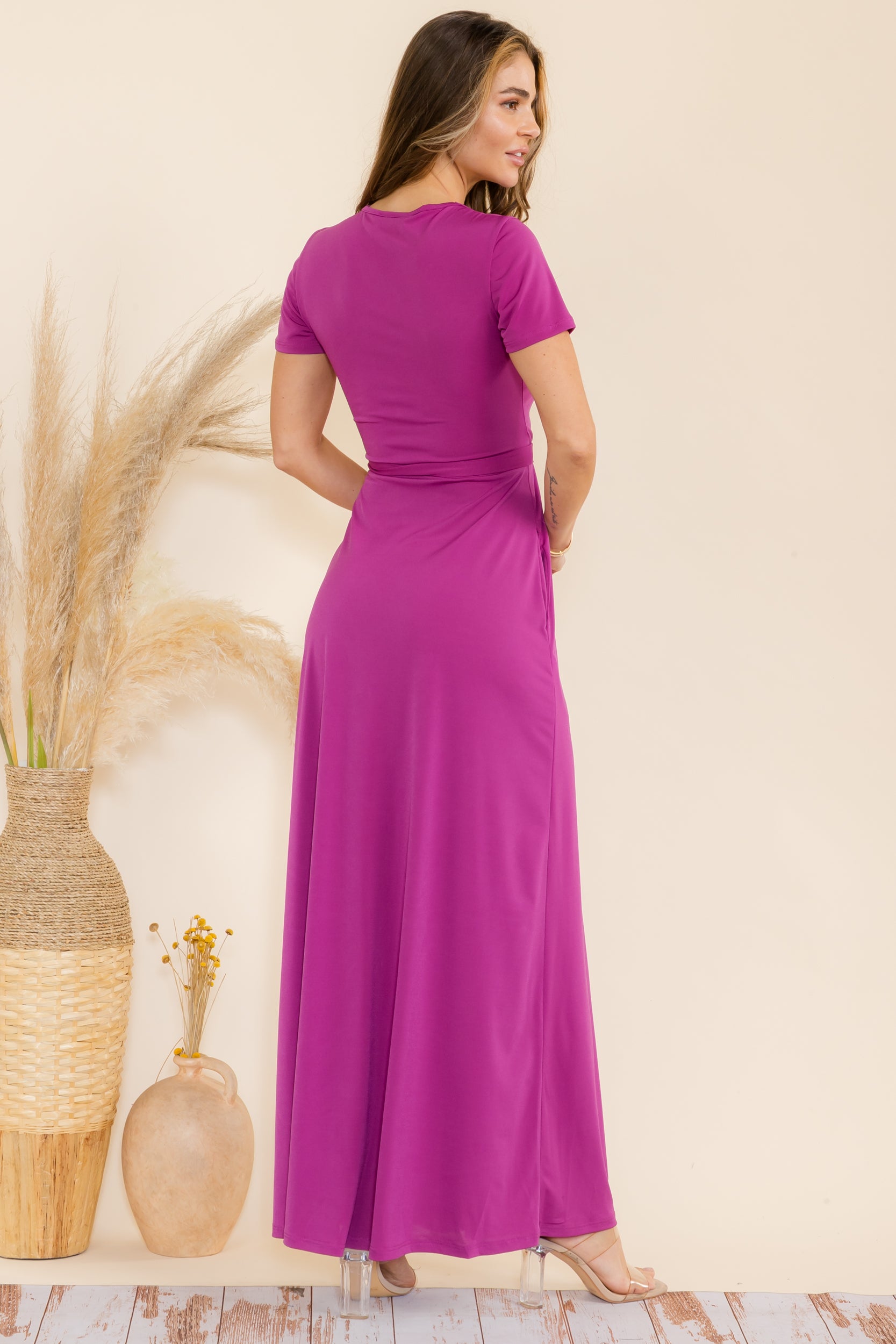 SAN149BR-S Faux Wrap Maxi Dress