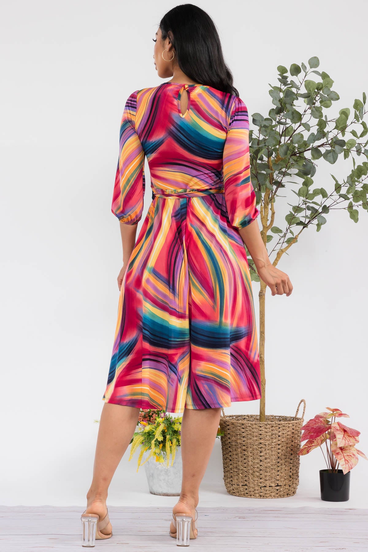 HH583R-SWIRL - SELF TIE MIDI DRESS