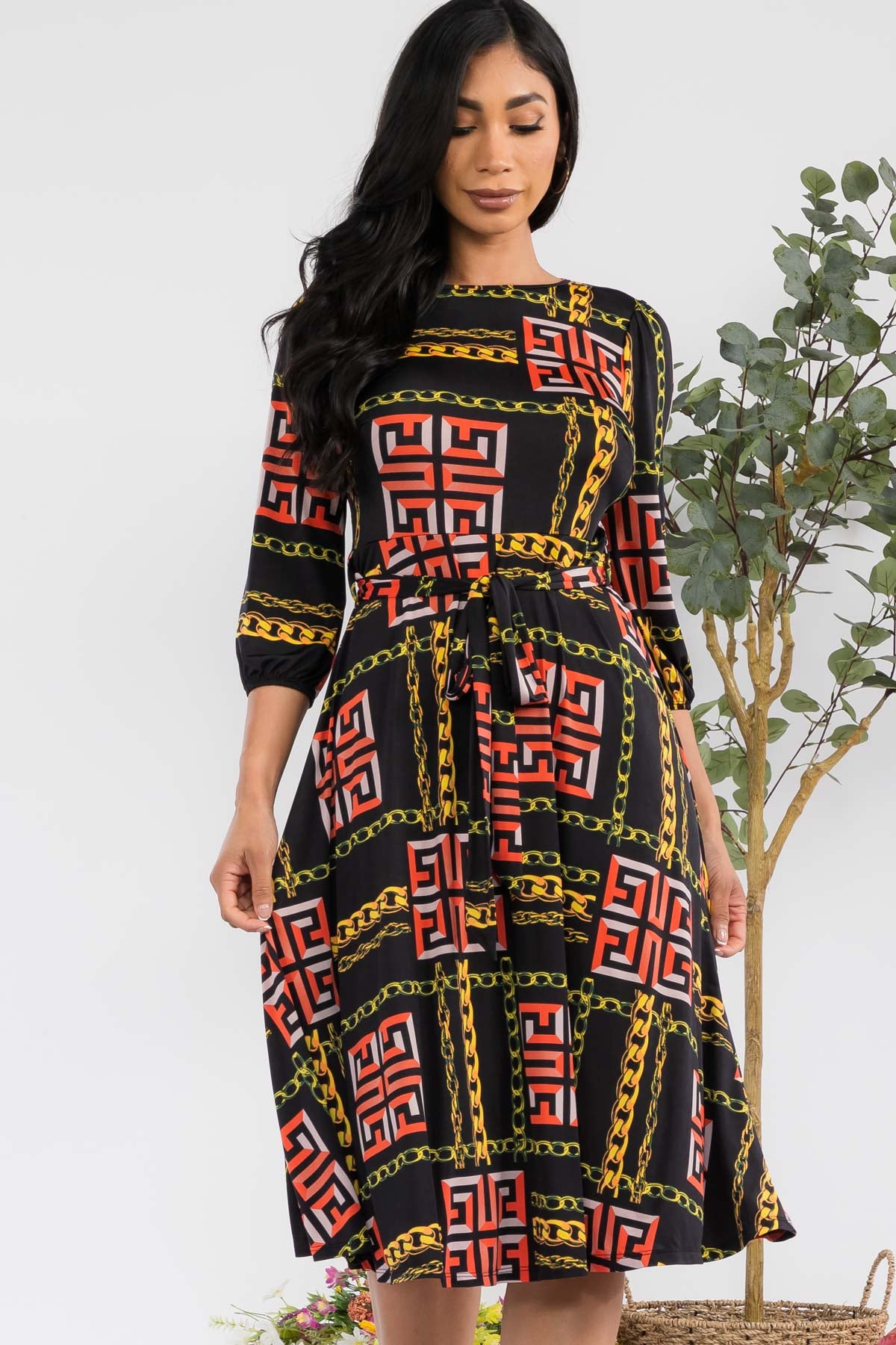 HH583R-CHAIN - SELF TIE MIDI DRESS