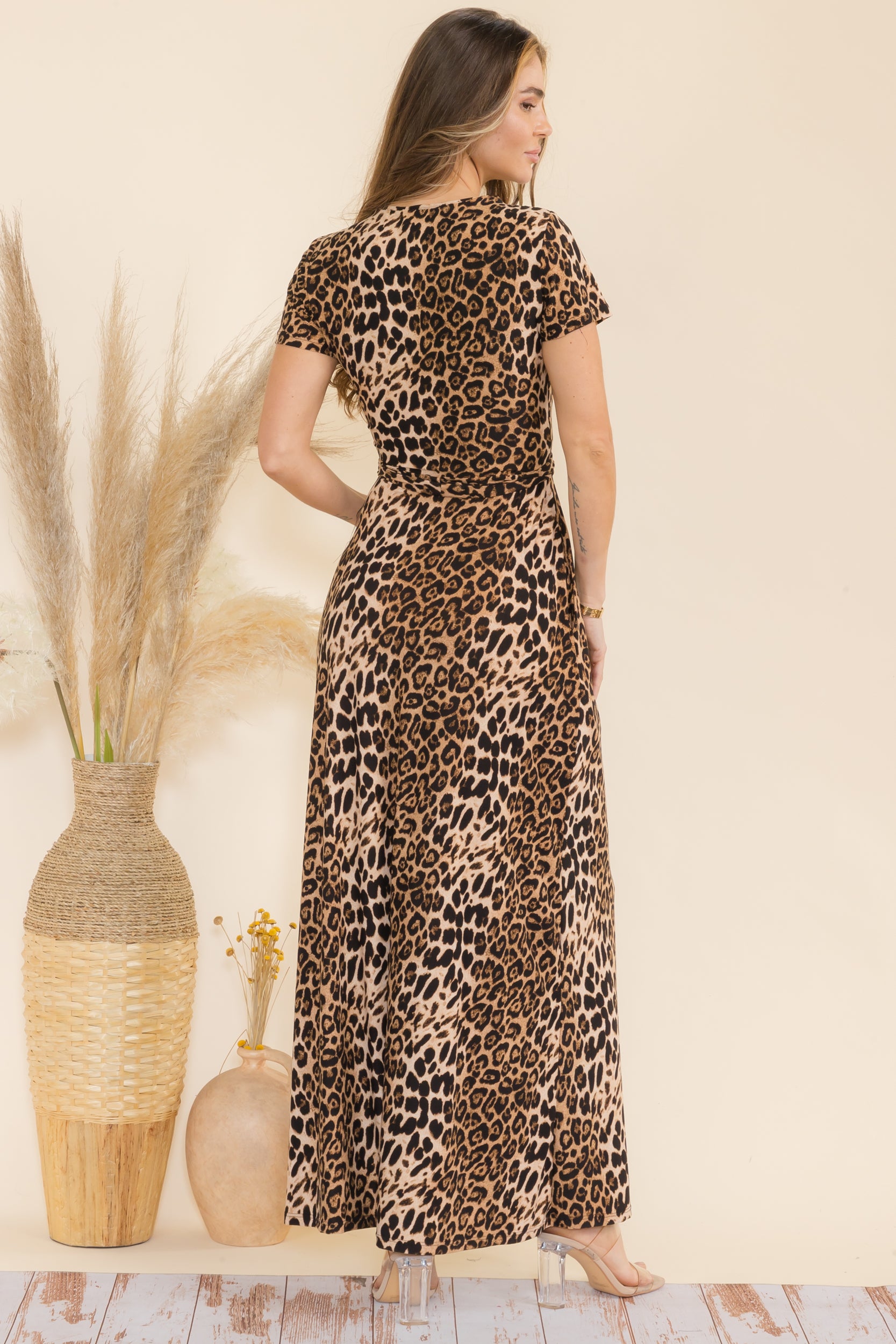 SAN149BR-P1  Animal Faux Wrap Maxi Dress