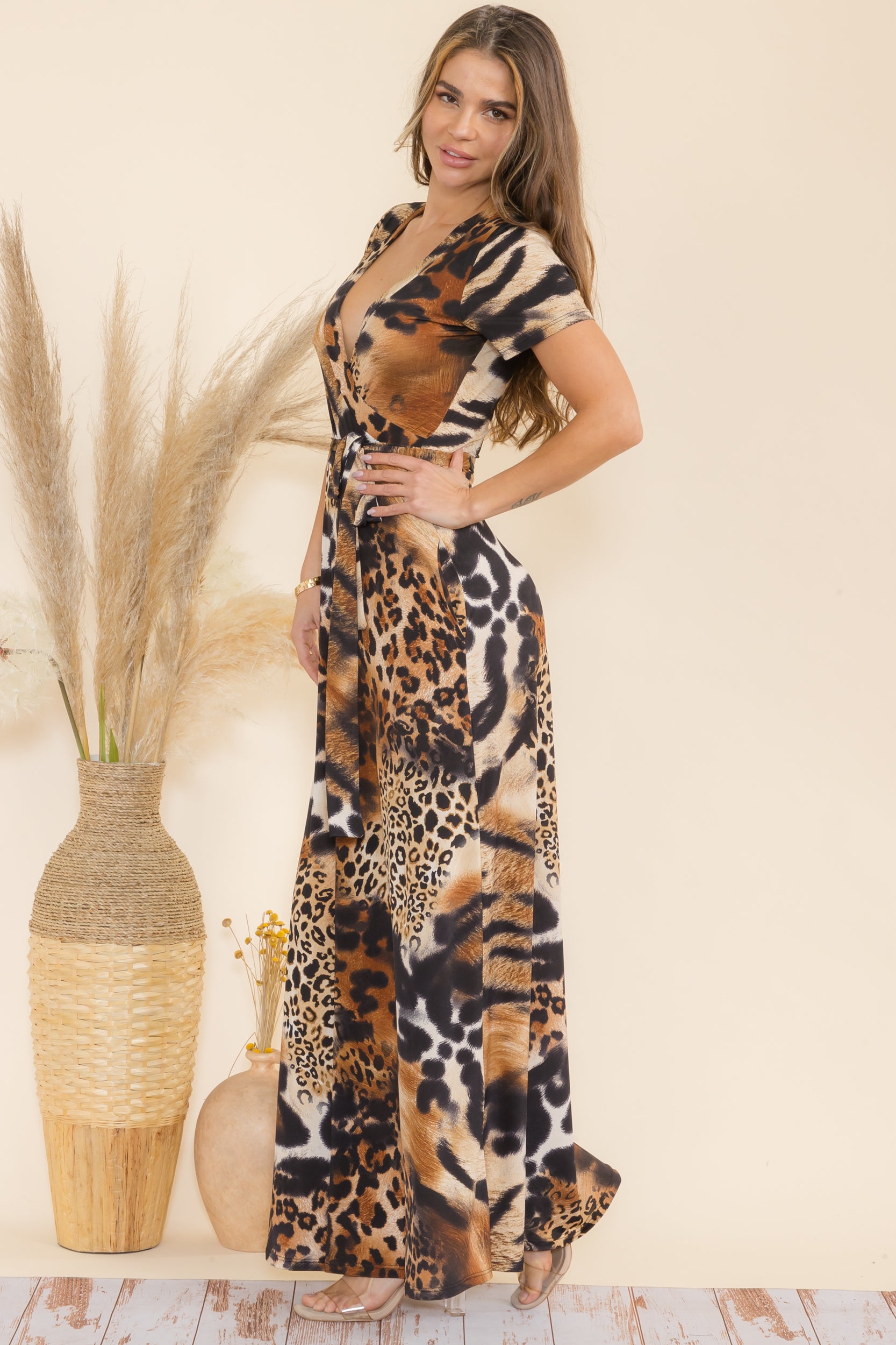 SAN149BR-P1  Animal Faux Wrap Maxi Dress