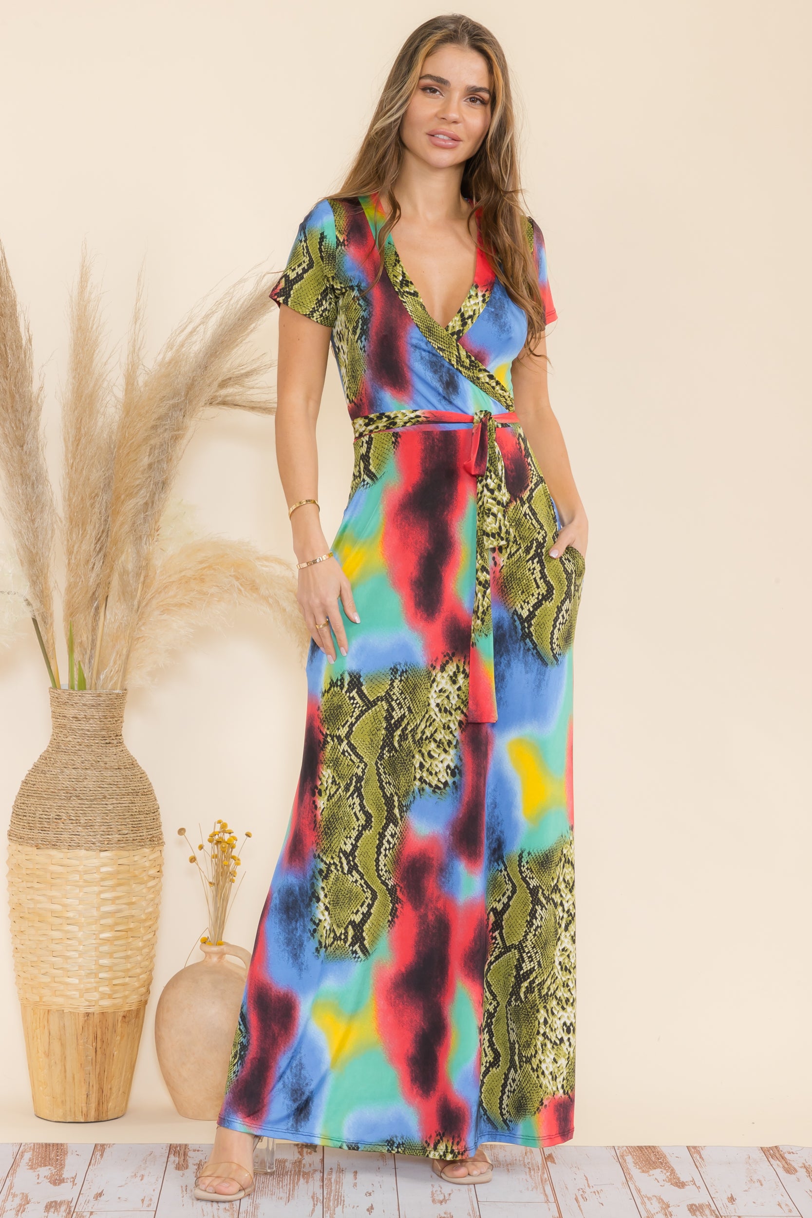 SAN149BR-P1  Animal Faux Wrap Maxi Dress