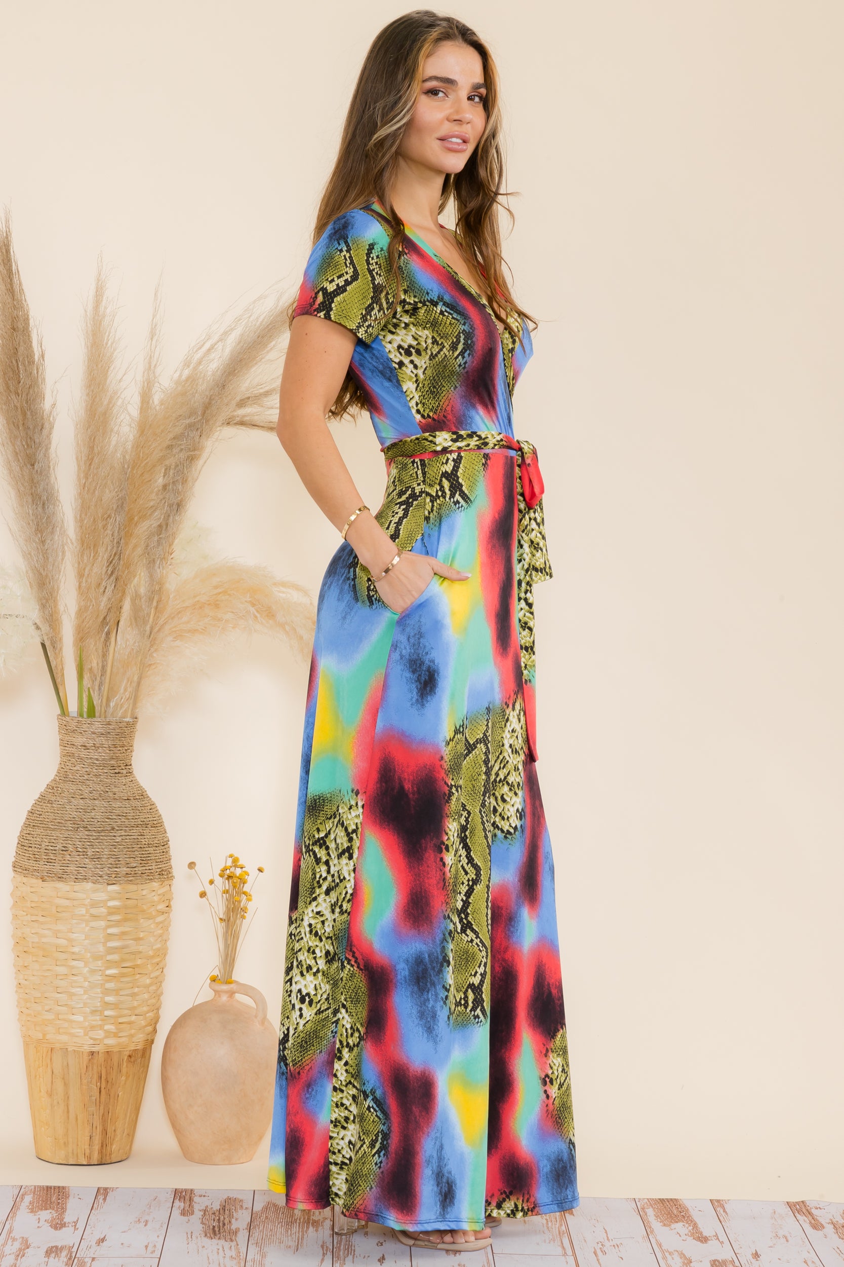 SAN149BR-P1  Animal Faux Wrap Maxi Dress