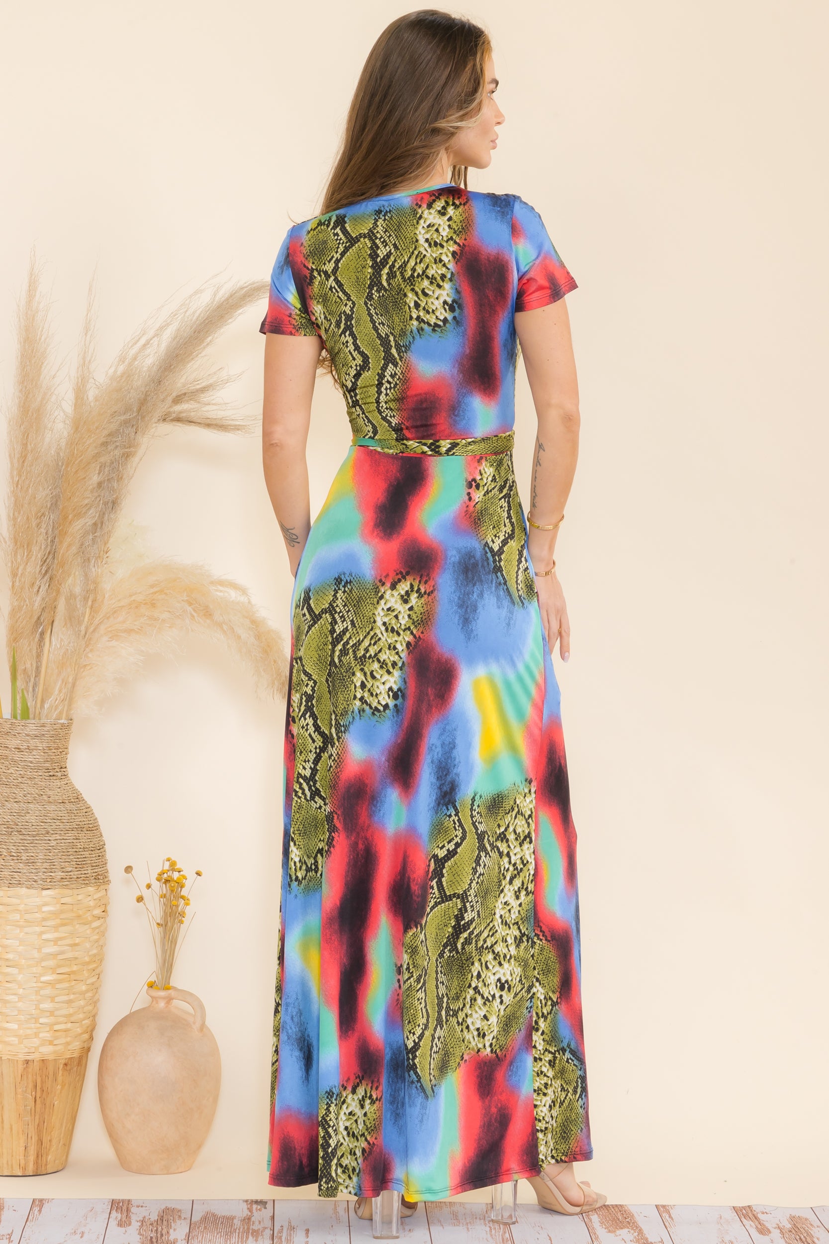 SAN149BR-P1  Animal Faux Wrap Maxi Dress