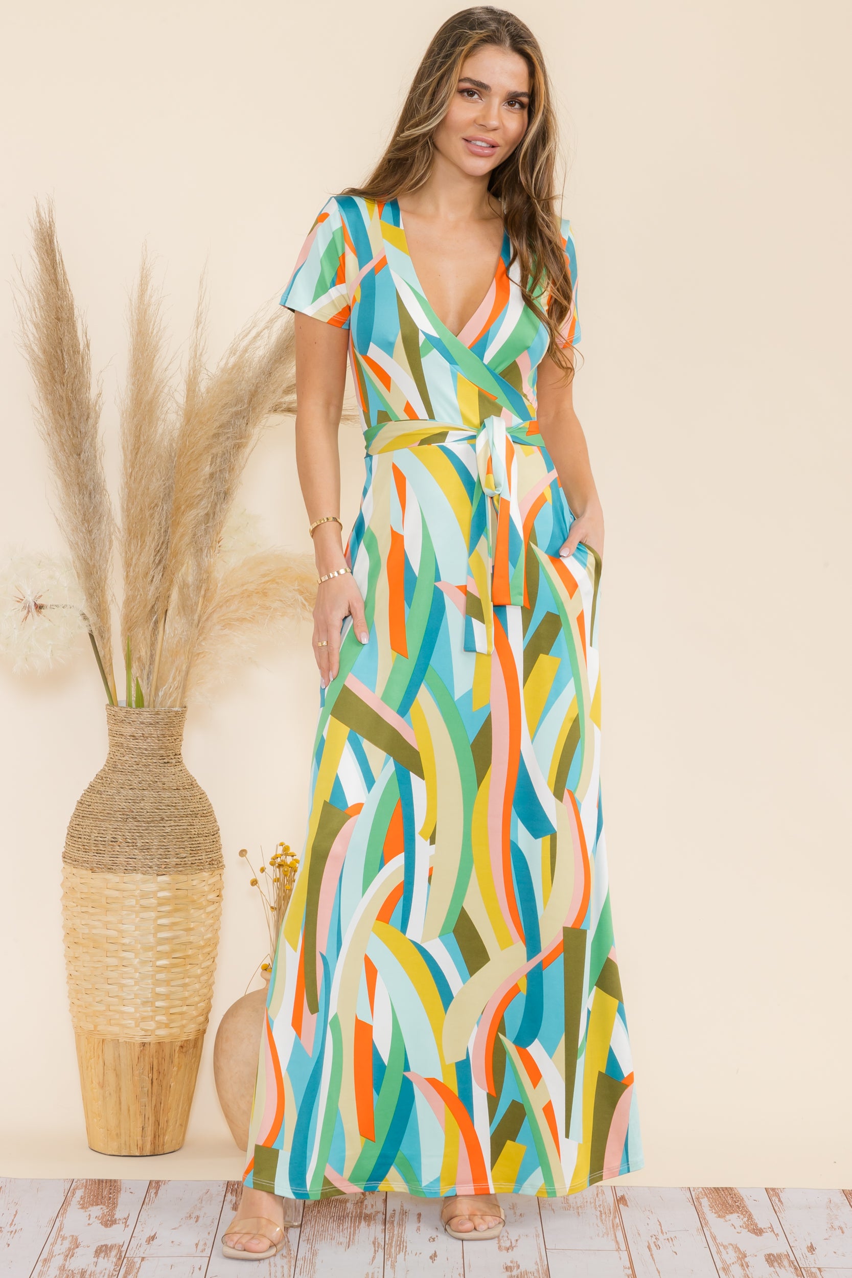 SAN149BX-P2 Plus Geometric Faux Wrap Maxi Dress