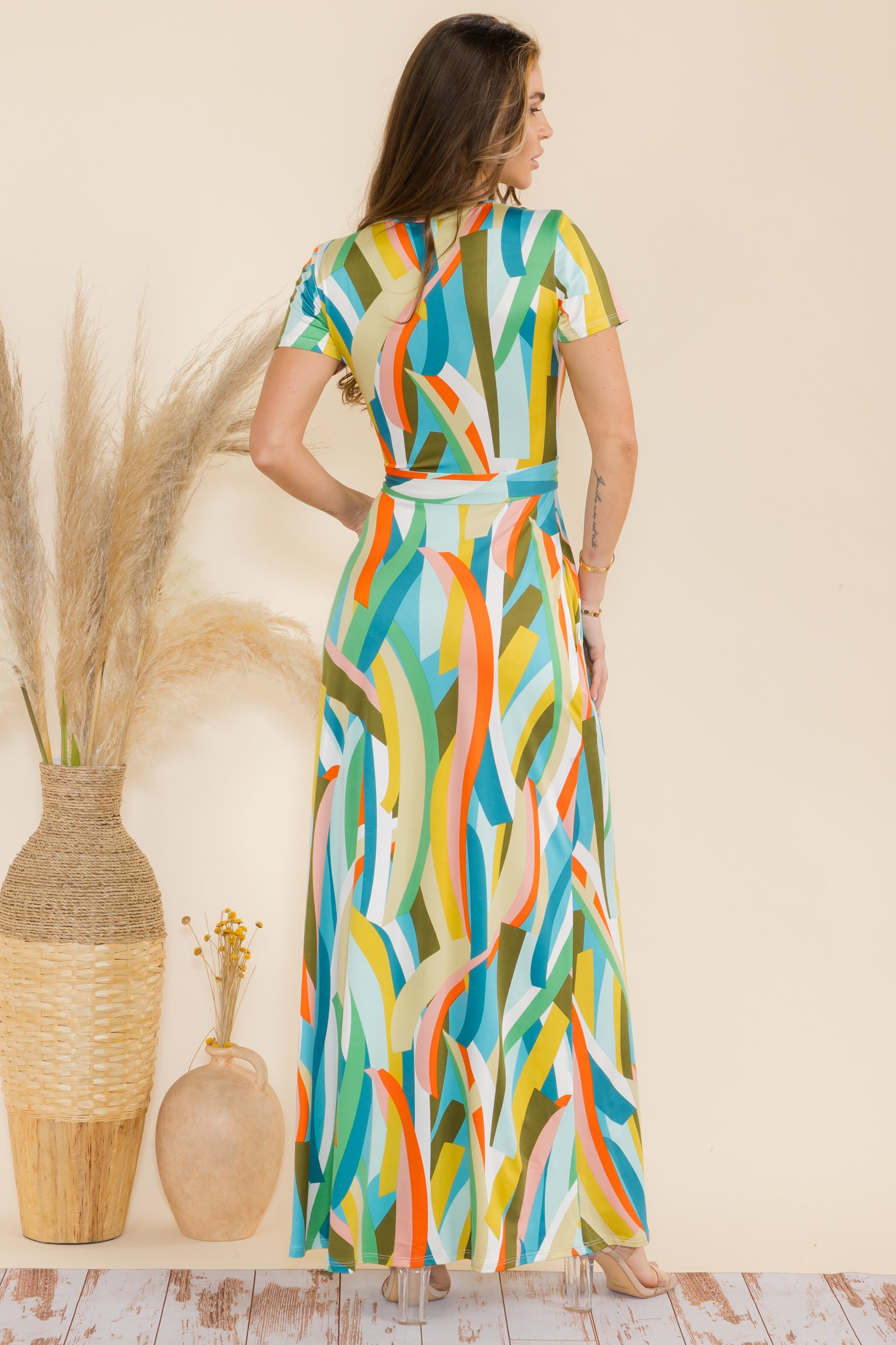 SAN149BX-P2 Plus Geometric Faux Wrap Maxi Dress