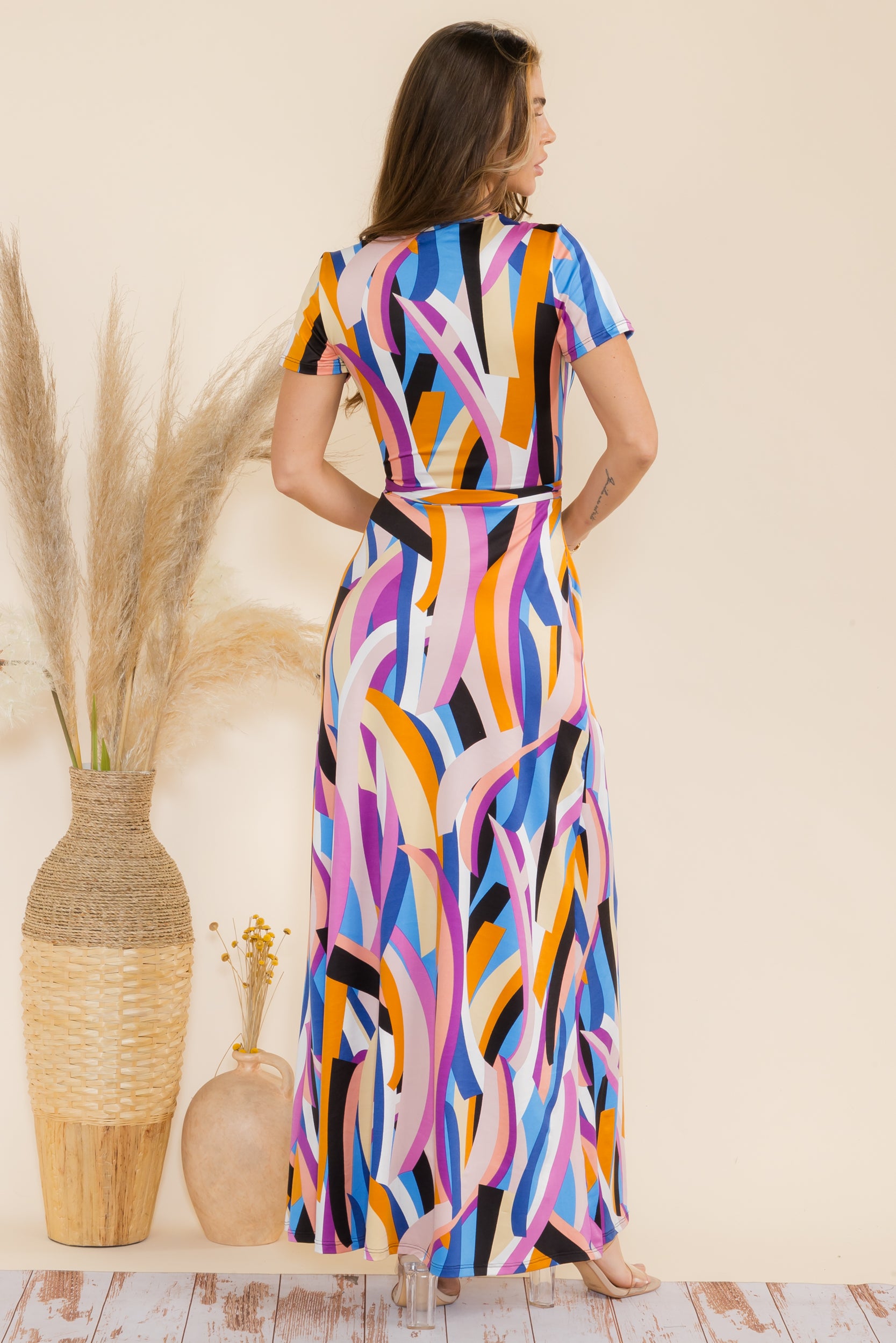 SAN149BX-P2 Plus Geometric Faux Wrap Maxi Dress