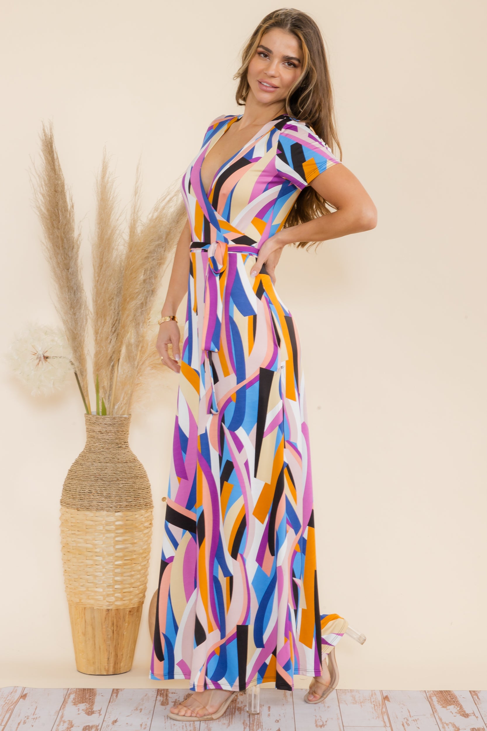 SAN149BX-P2 Plus Geometric Faux Wrap Maxi Dress