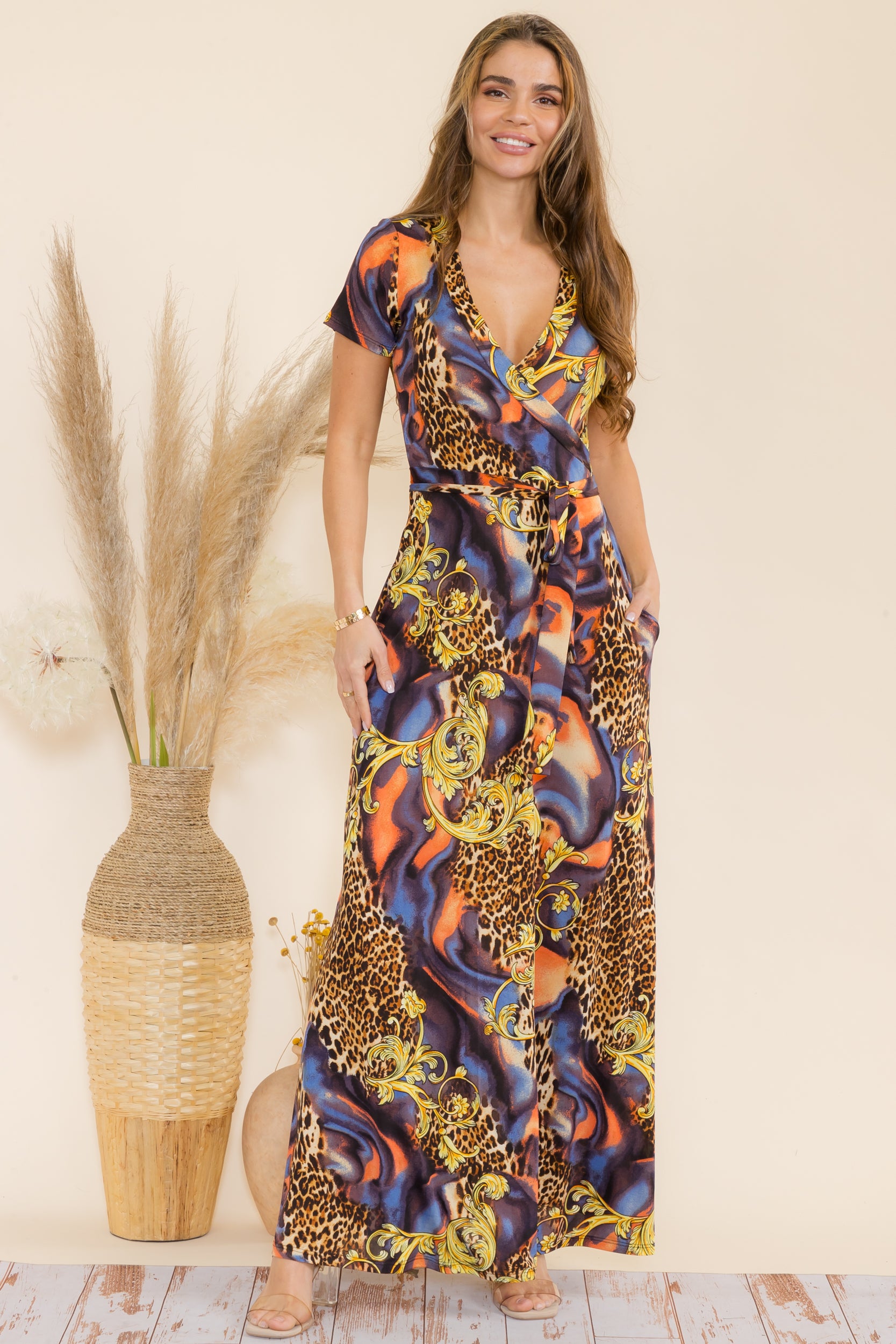 SAN149BR-P1  Animal Faux Wrap Maxi Dress