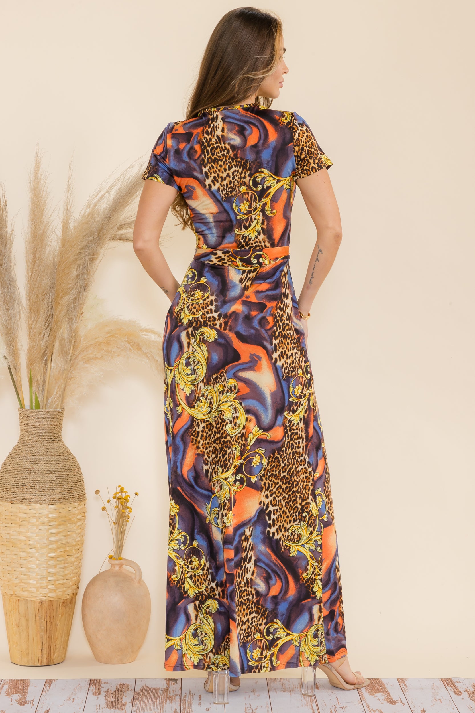 SAN149BR-P1  Animal Faux Wrap Maxi Dress