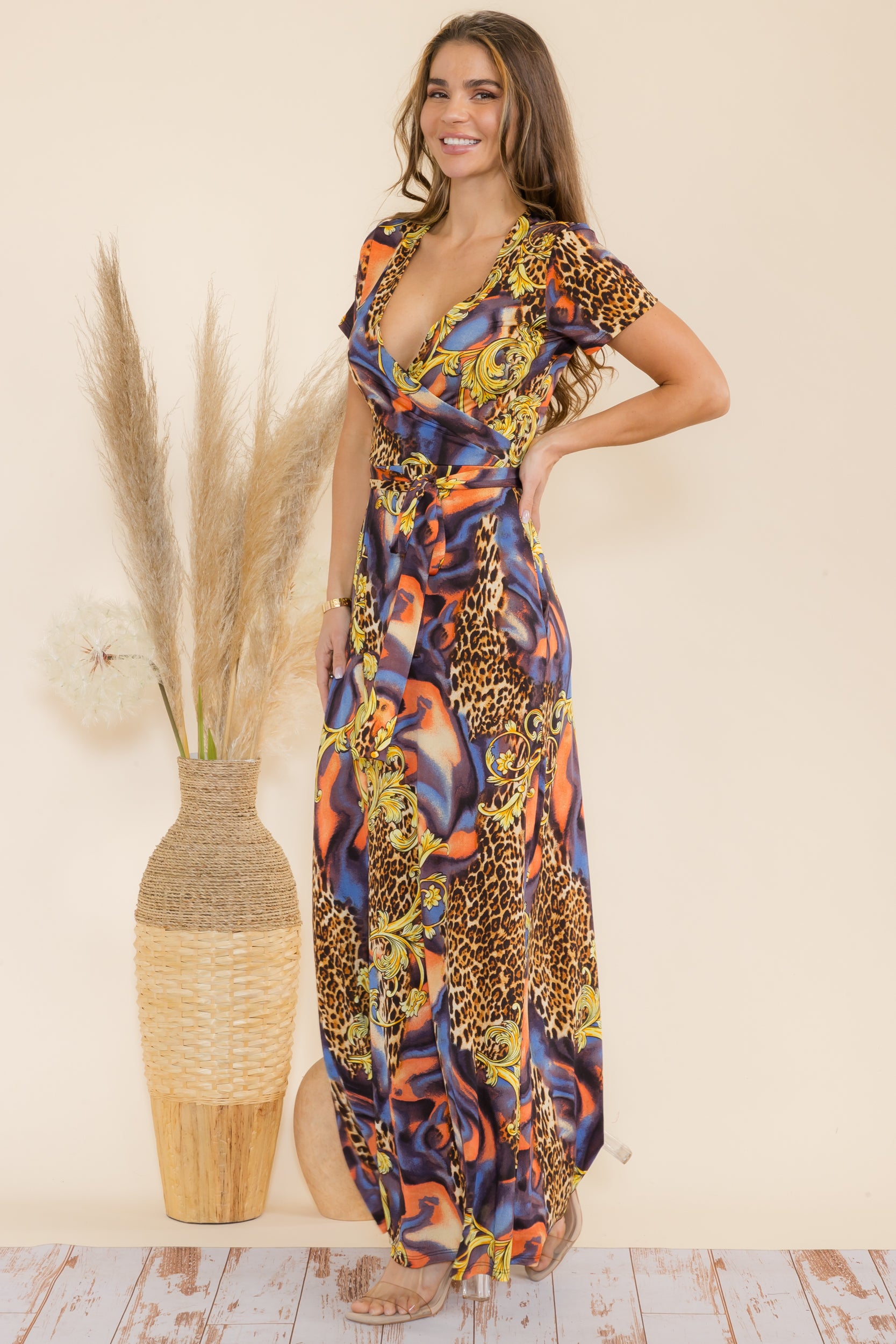 SAN149BR-P1  Animal Faux Wrap Maxi Dress