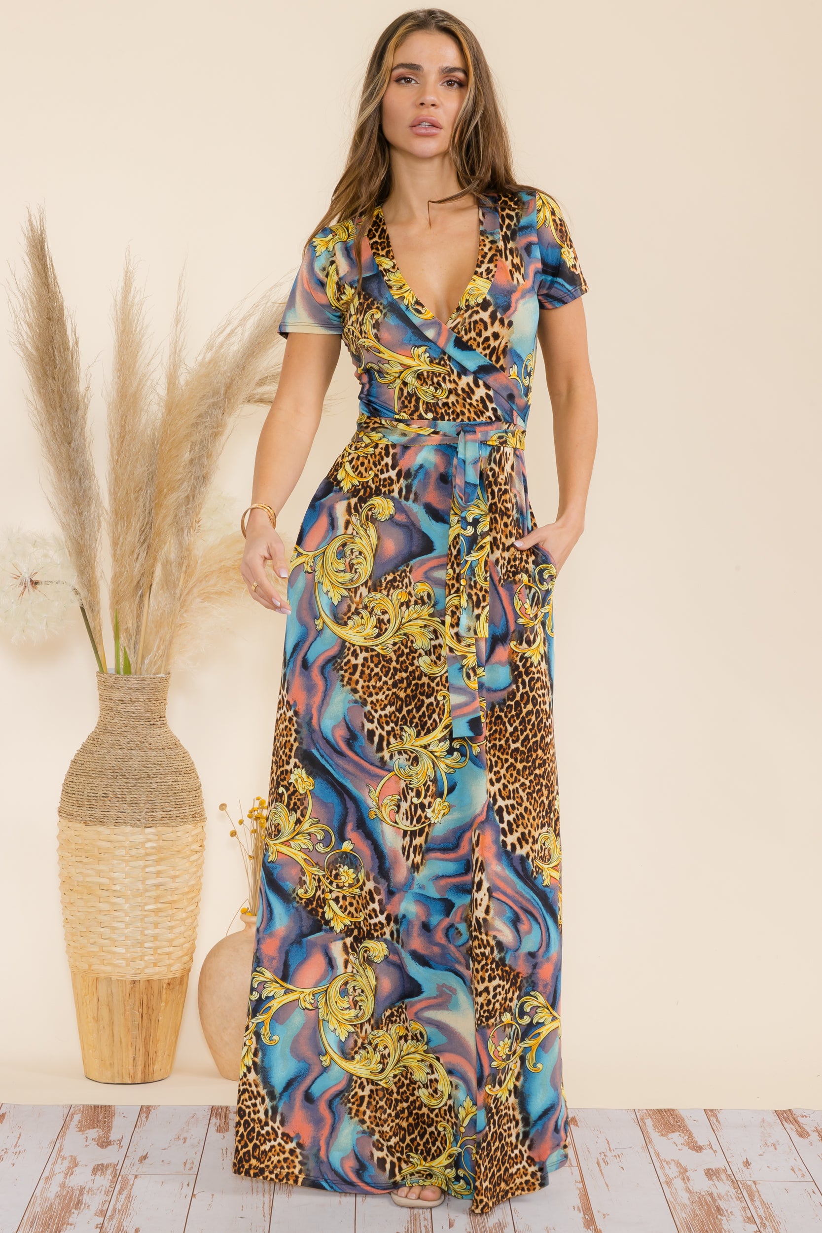 SAN149BR-P1  Animal Faux Wrap Maxi Dress