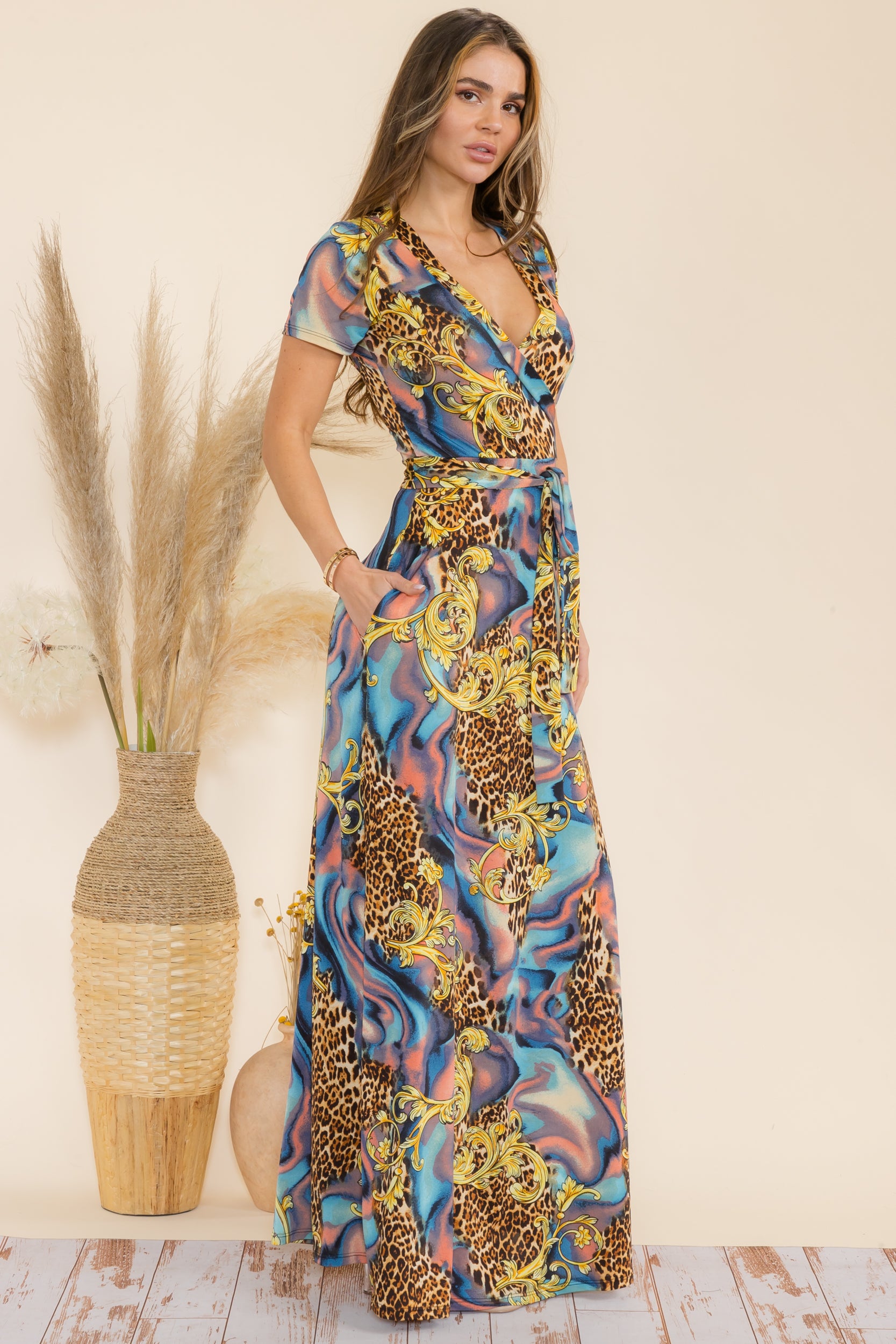 SAN149BR-P1  Animal Faux Wrap Maxi Dress