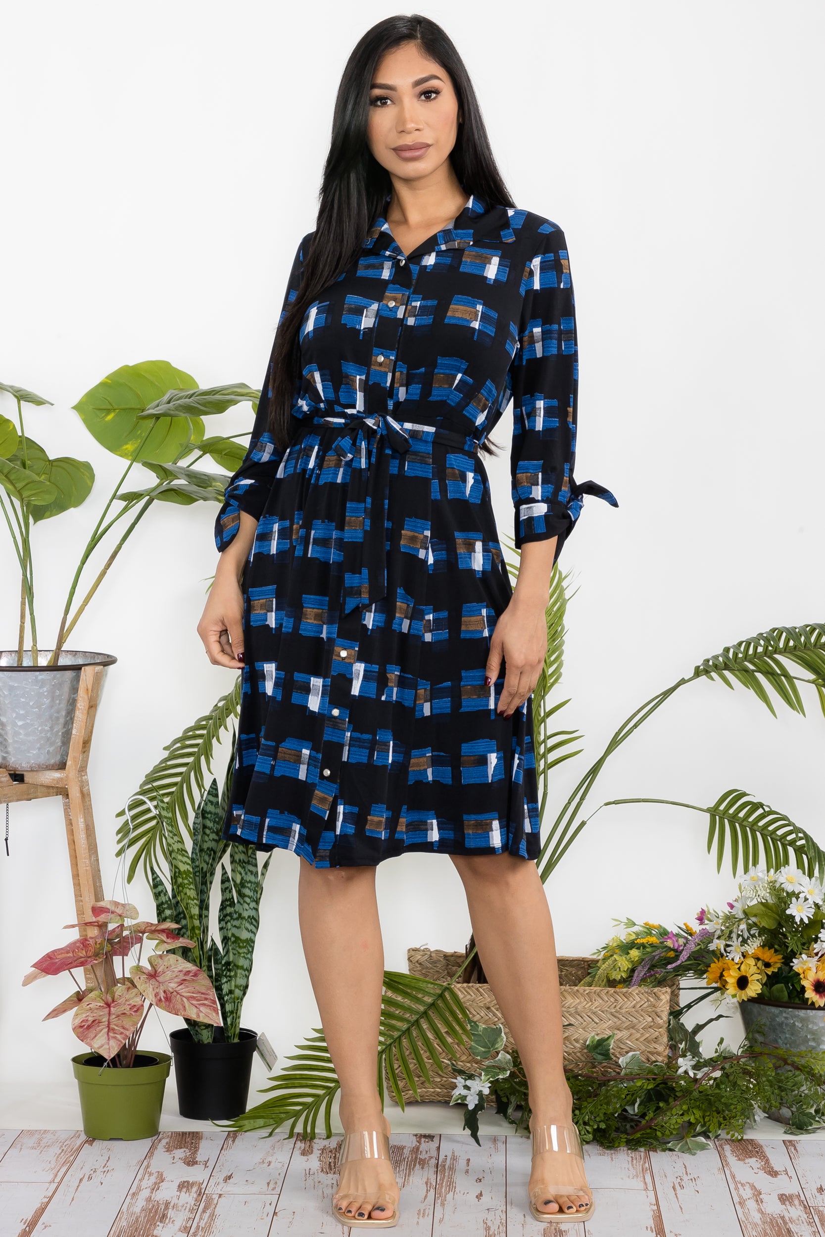 HH584R-P4 Geometric Shirt Dress with Waist Tie
