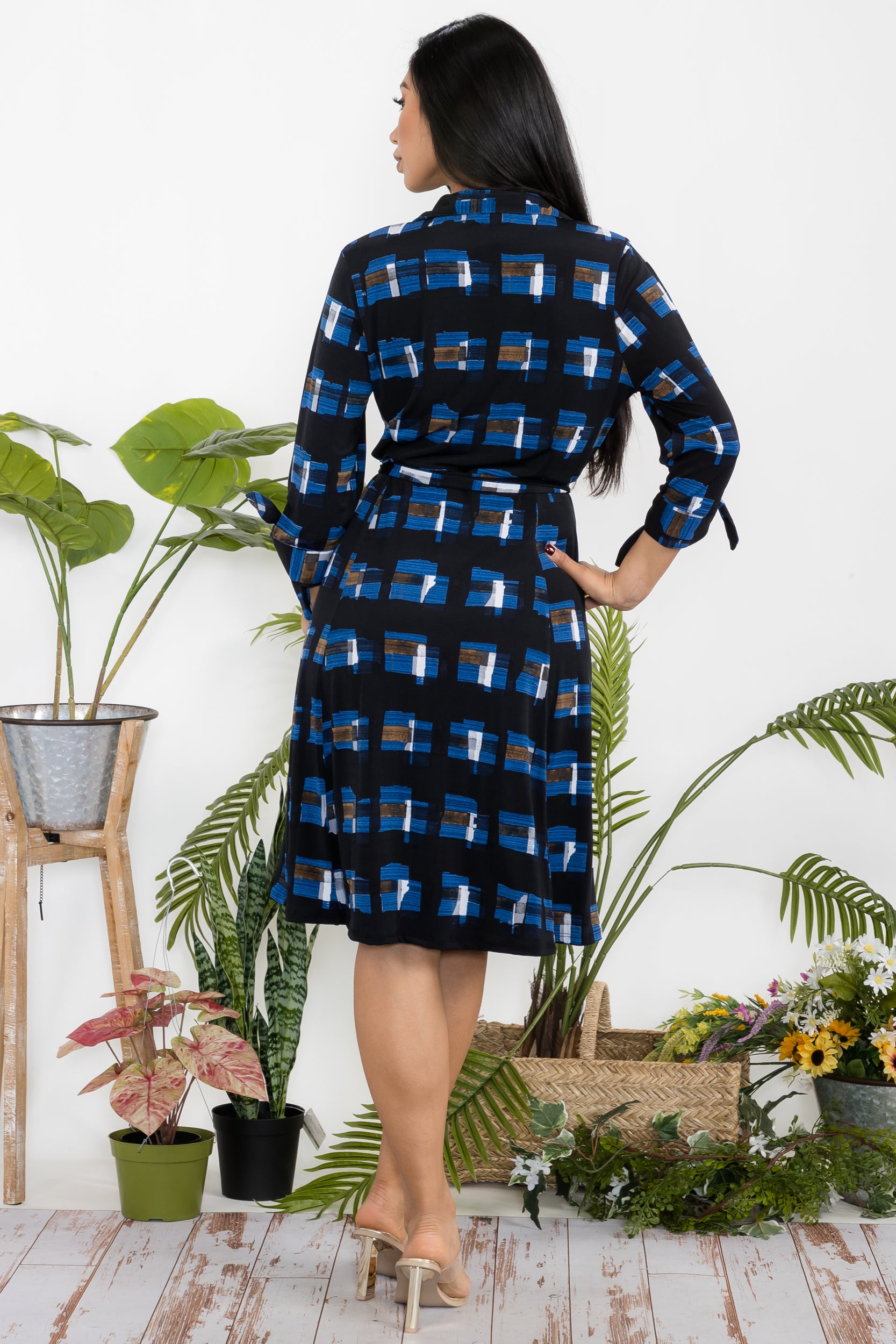 HH584R-P4 Geometric Shirt Dress with Waist Tie