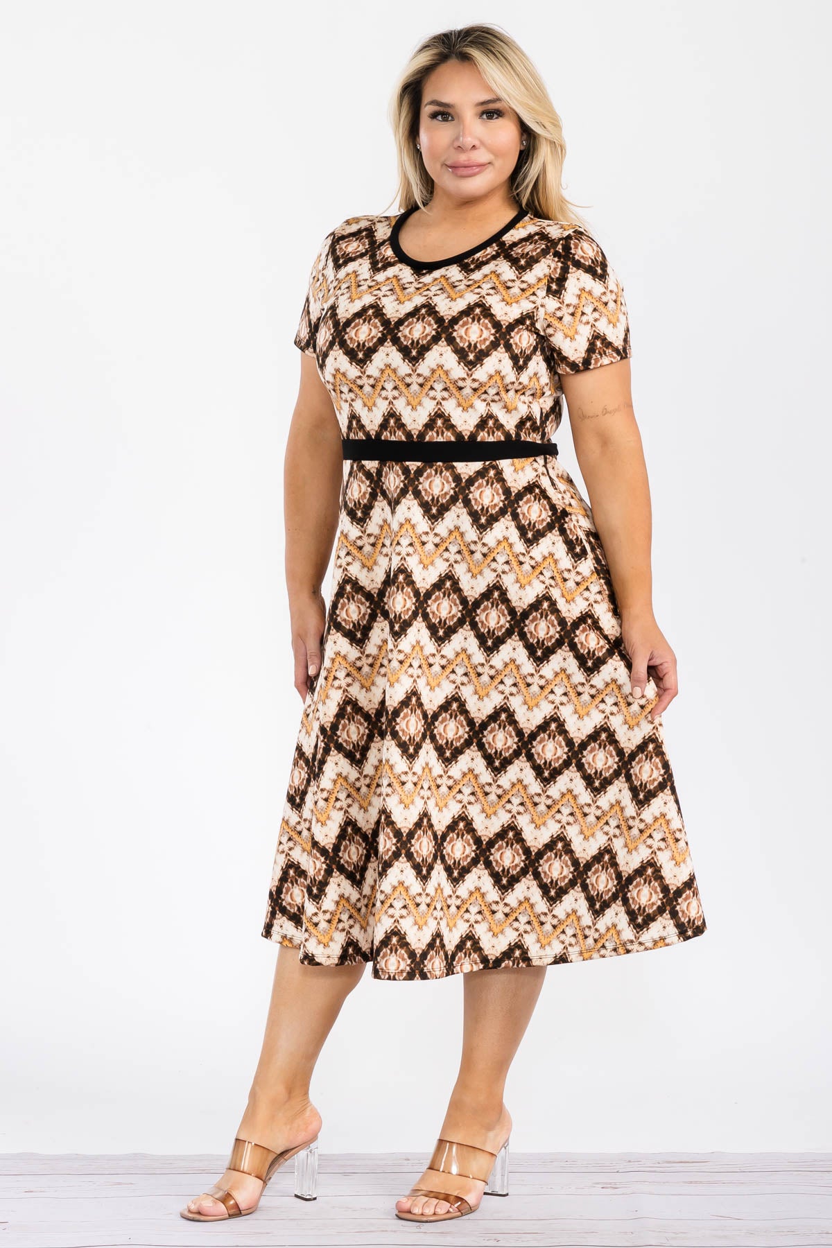 HH559X-GEOMETRIC - SHORT SLEEVE MIDI DRESS