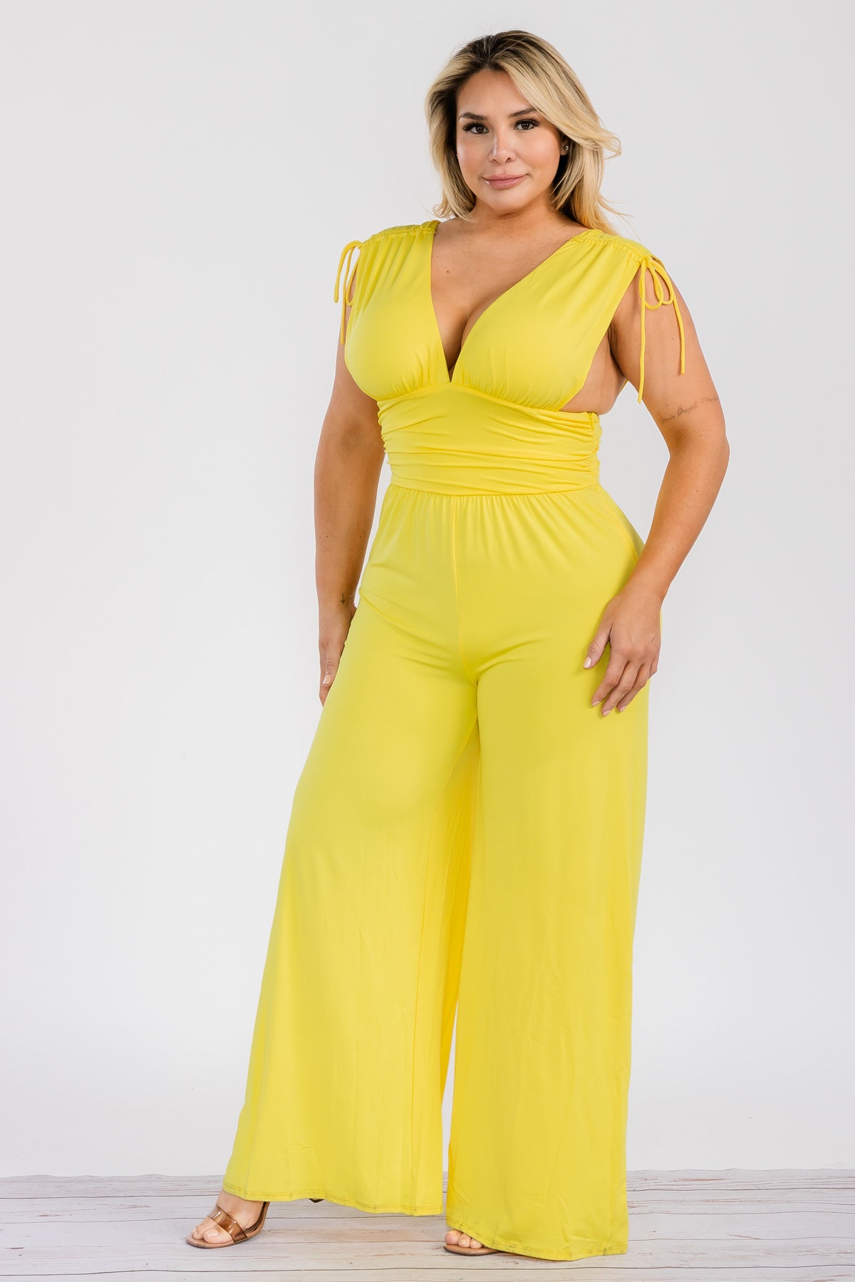 JS618X - SOLID V-NECK JUMPSUIT