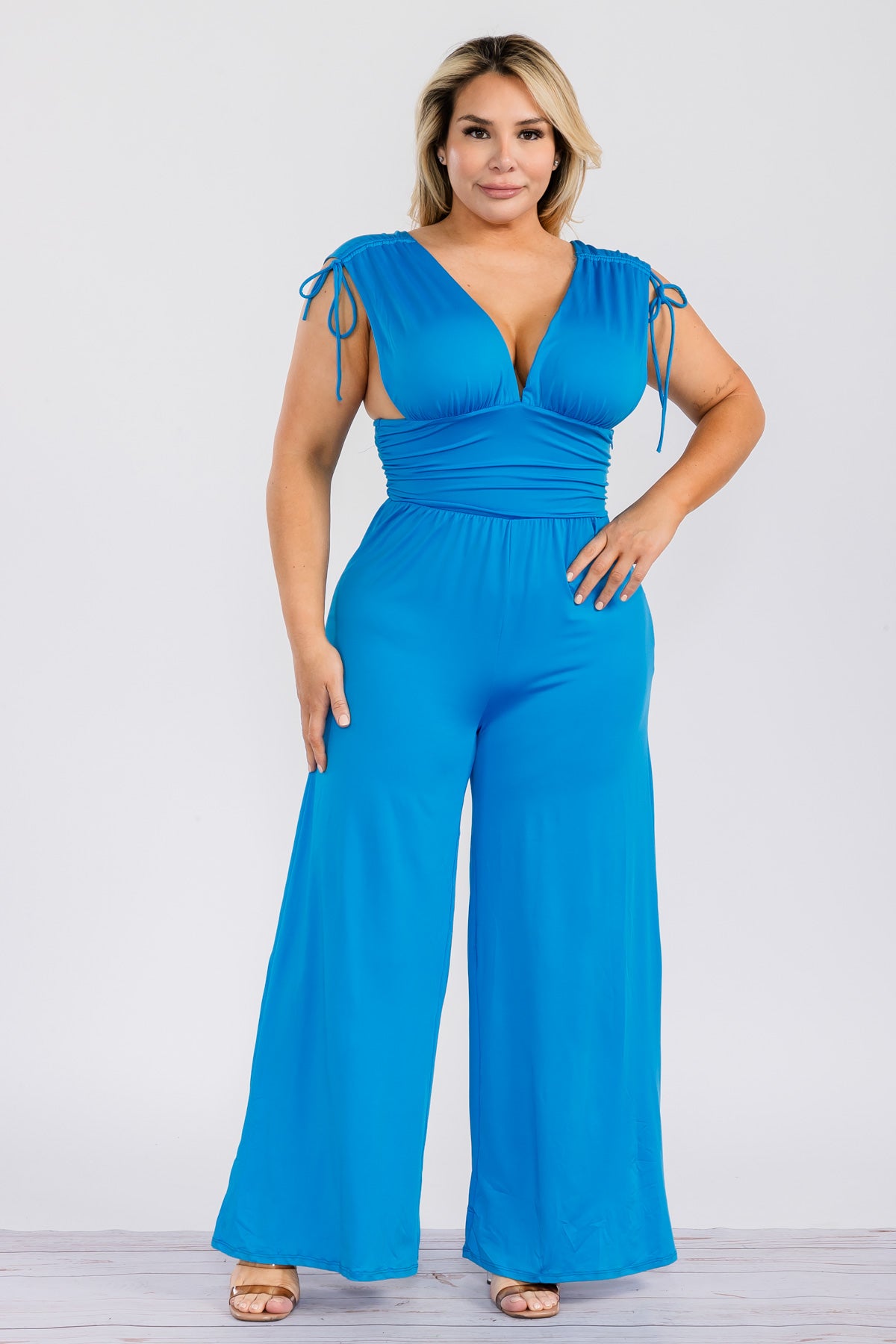 JS618X - SOLID V-NECK JUMPSUIT