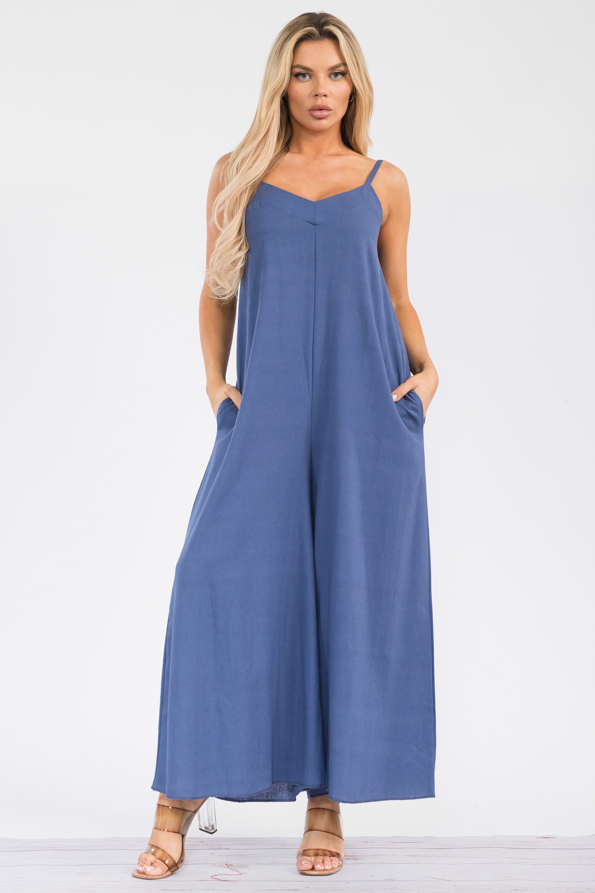 HH756R-S - WIDE LEG SLEEVELESS LINEN JUMPSUIT