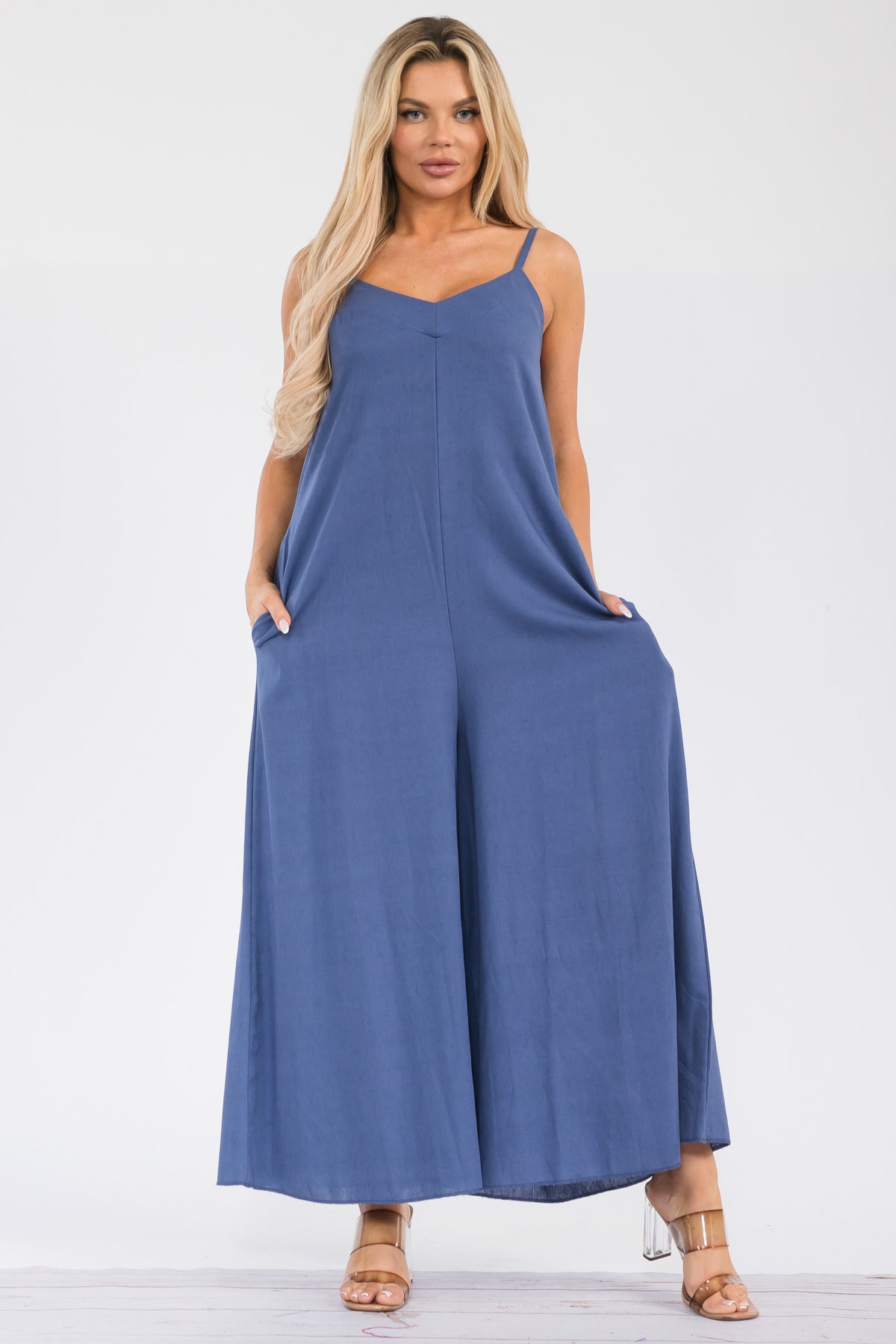 HH756R-S - WIDE LEG SLEEVELESS LINEN JUMPSUIT