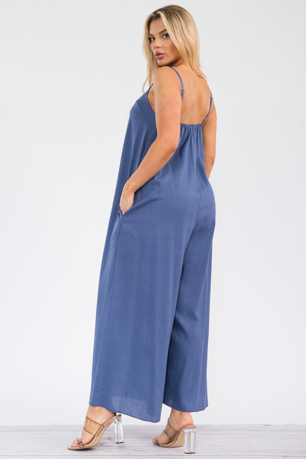 HH756R-S - WIDE LEG SLEEVELESS LINEN JUMPSUIT