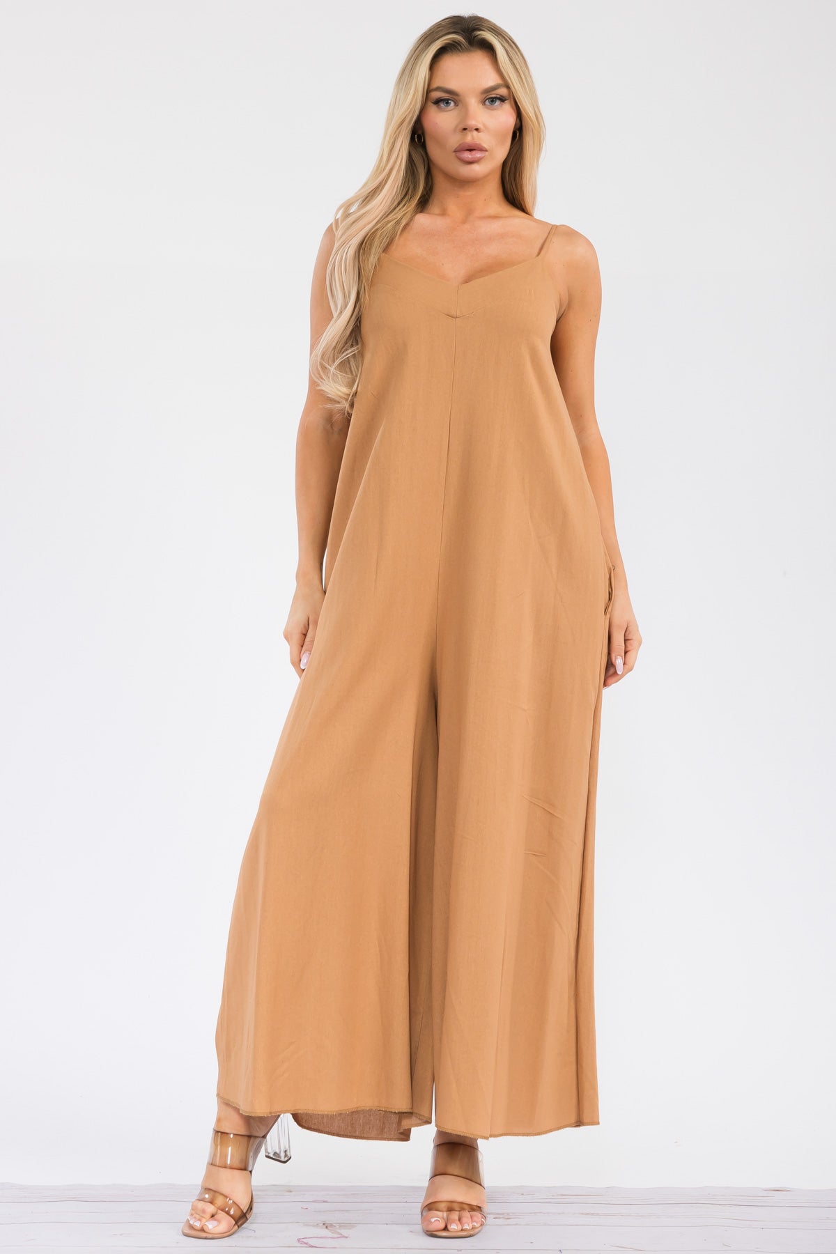 HH756R-S - WIDE LEG SLEEVELESS LINEN JUMPSUIT