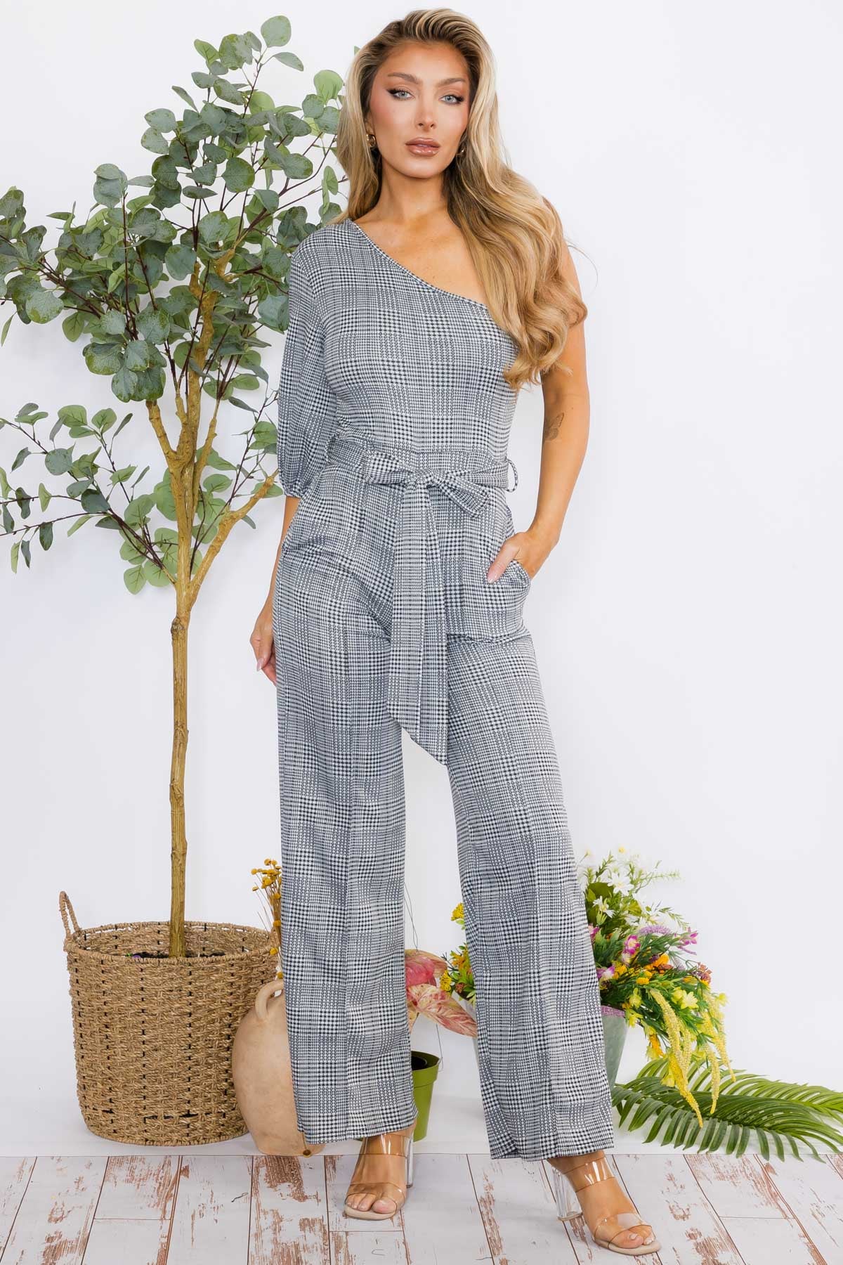 HH667X-P - Plaid One shoulder jumpsuit Plus Size