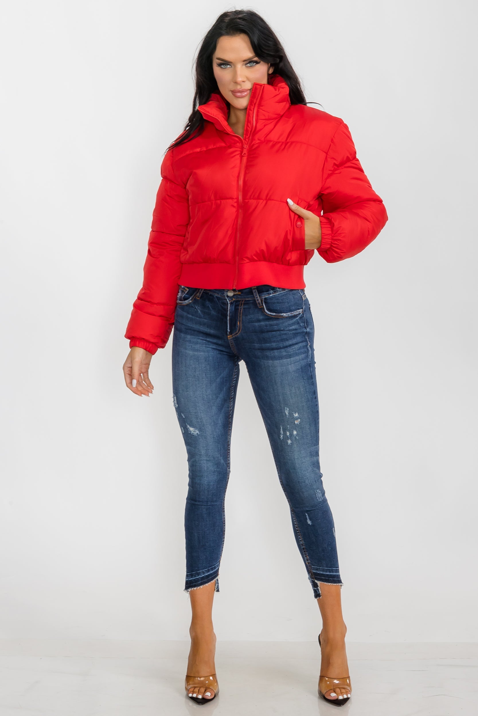 74777 - Crop Puffer Jacket - Zipper and Waistband with Pockets