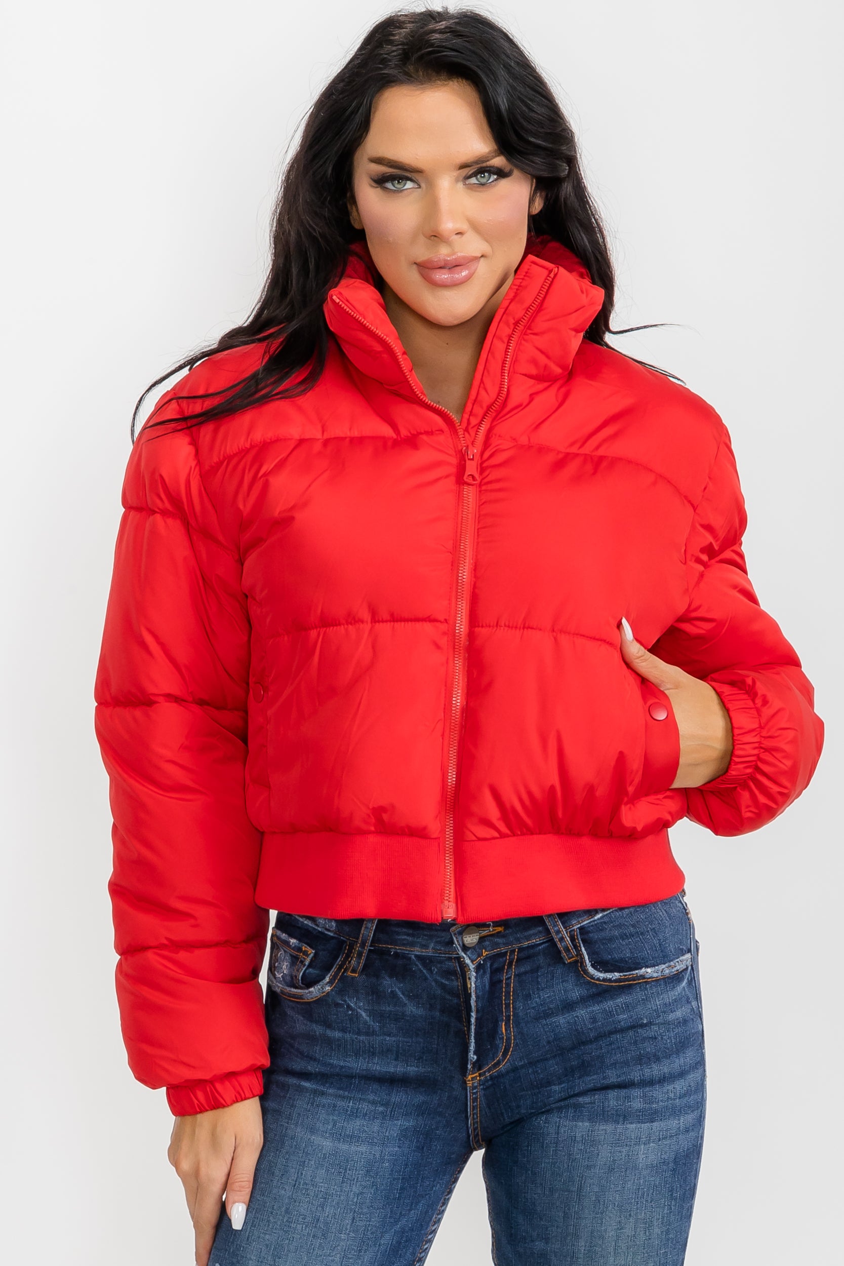 74777 - Crop Puffer Jacket - Zipper and Waistband with Pockets