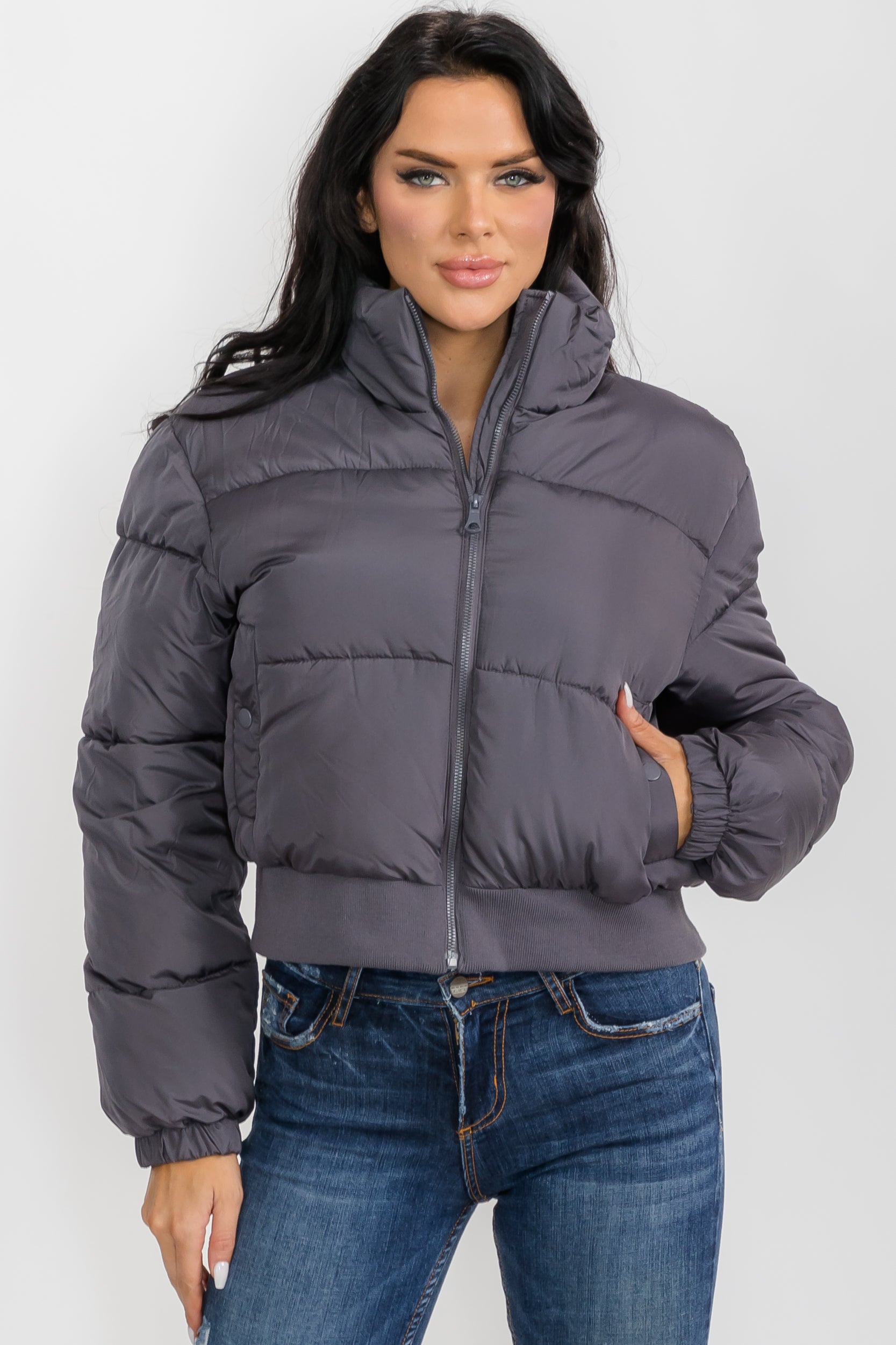 74777 - Crop Puffer Jacket - Zipper and Waistband with Pockets