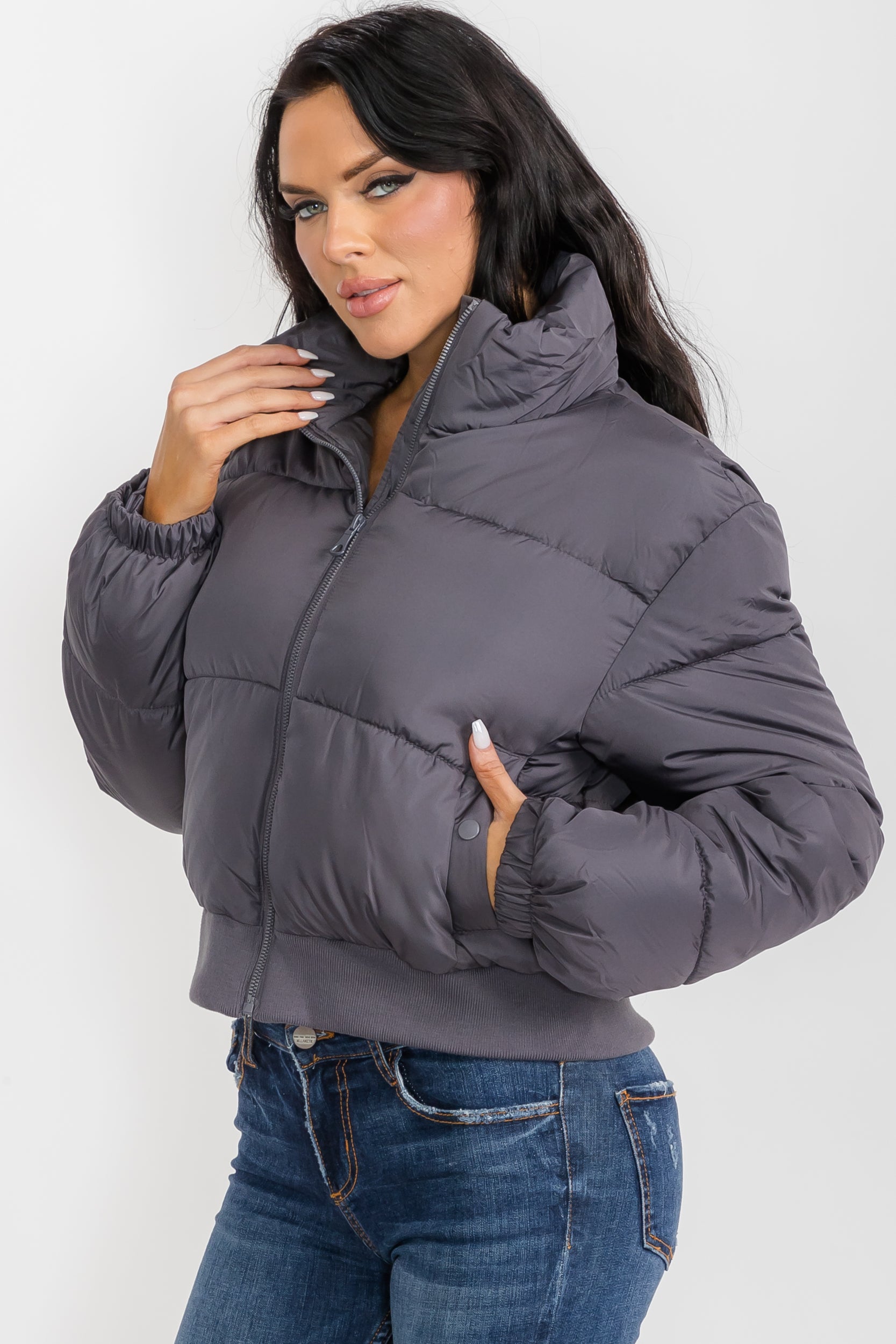 74777 - Crop Puffer Jacket - Zipper and Waistband with Pockets