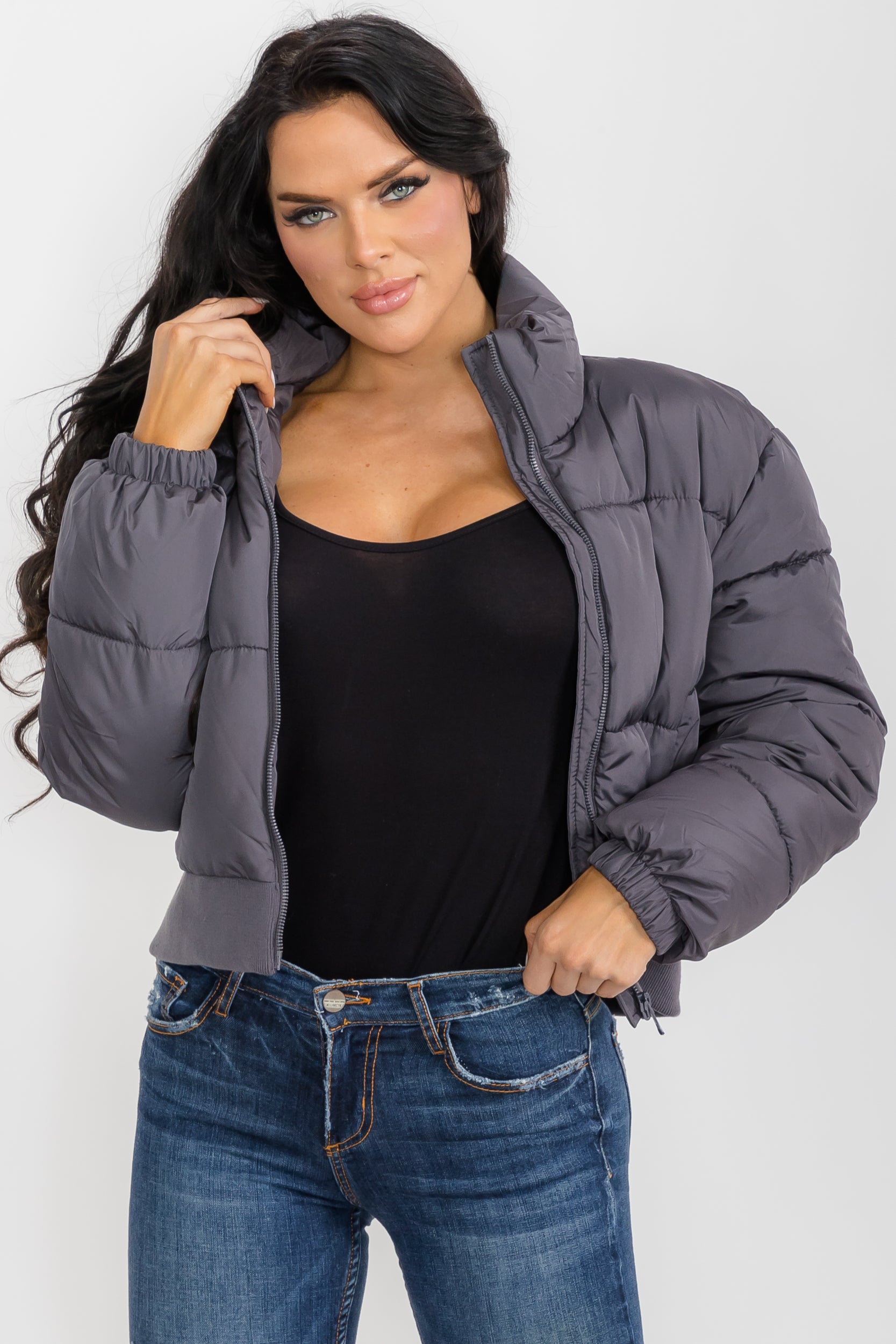 74777 - Crop Puffer Jacket - Zipper and Waistband with Pockets