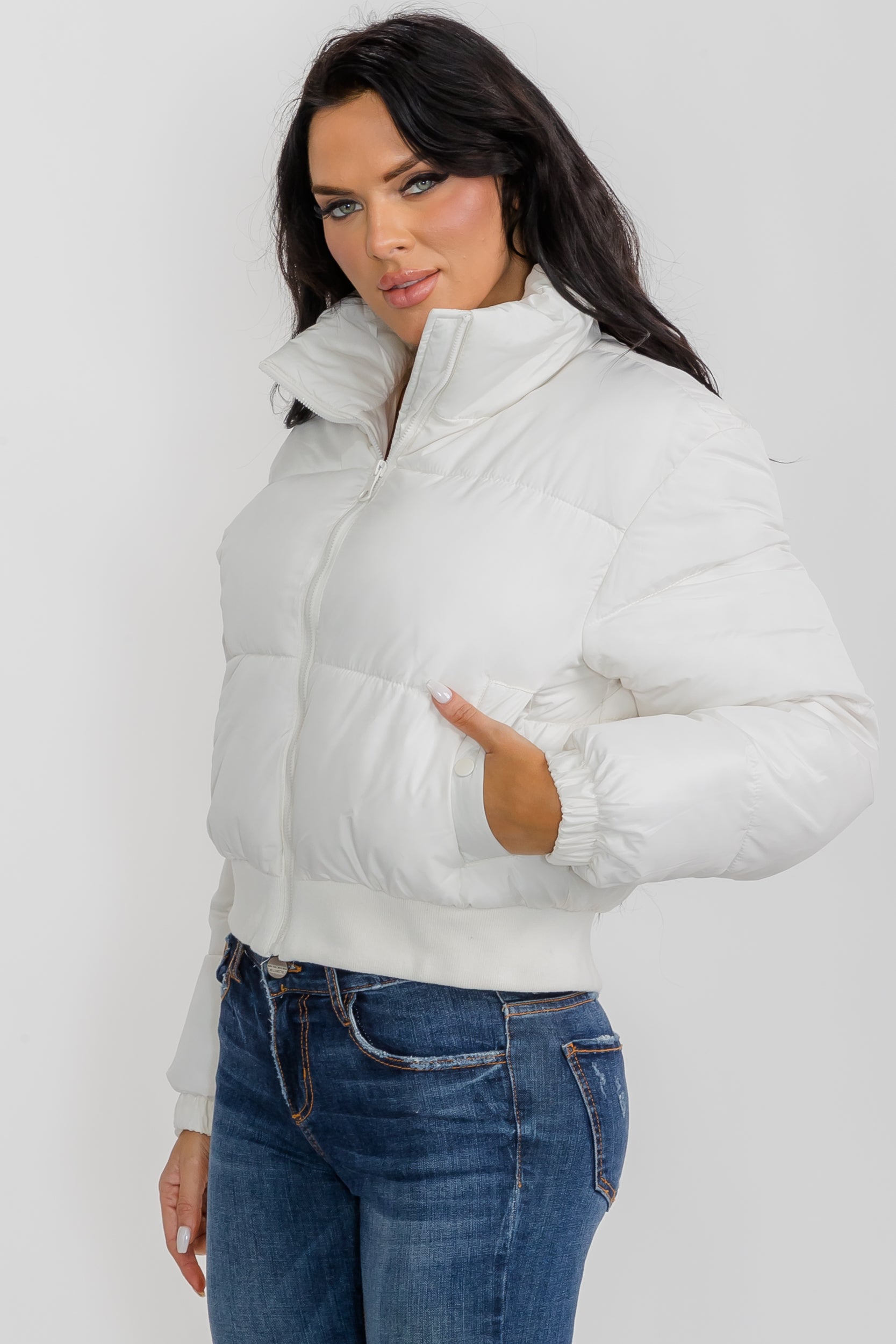 74777 - Crop Puffer Jacket - Zipper and Waistband with Pockets