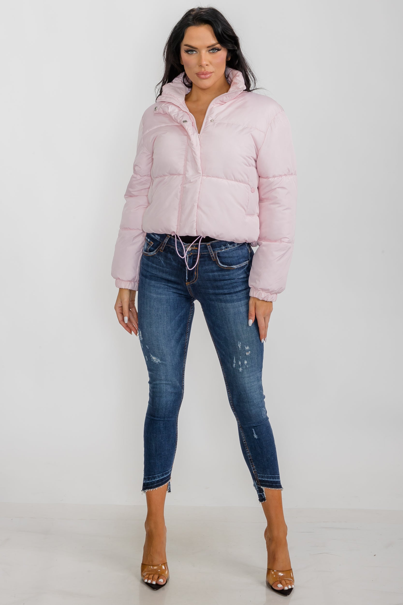 6857 - Crop Puffer Jacket - Zipper and Drawstring with Pockets