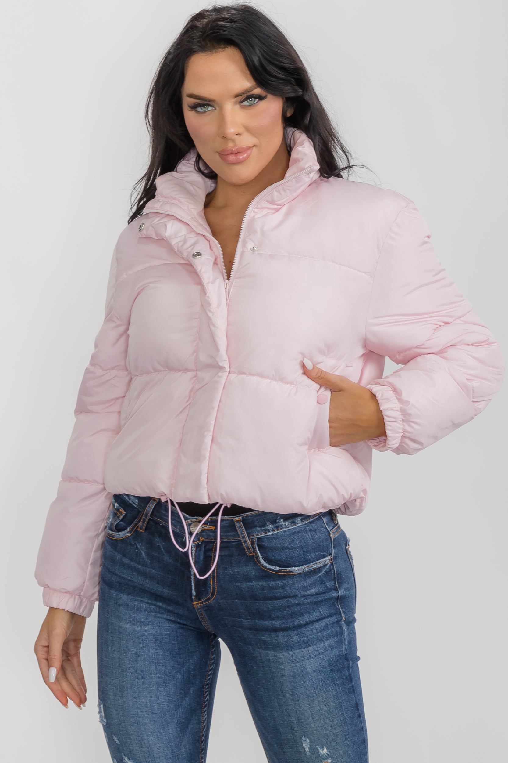 6857 - Crop Puffer Jacket - Zipper and Drawstring with Pockets