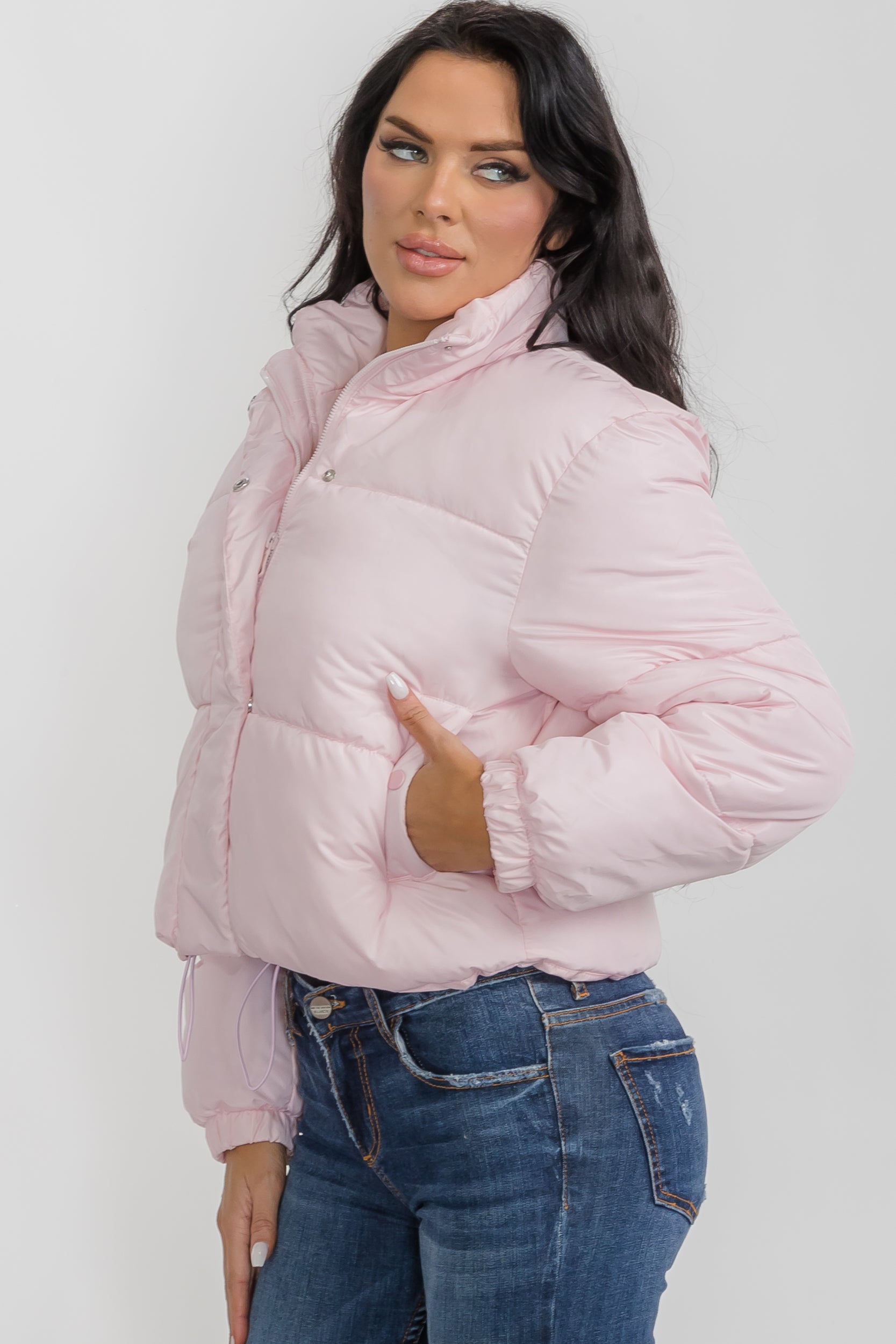 6857 - Crop Puffer Jacket - Zipper and Drawstring with Pockets