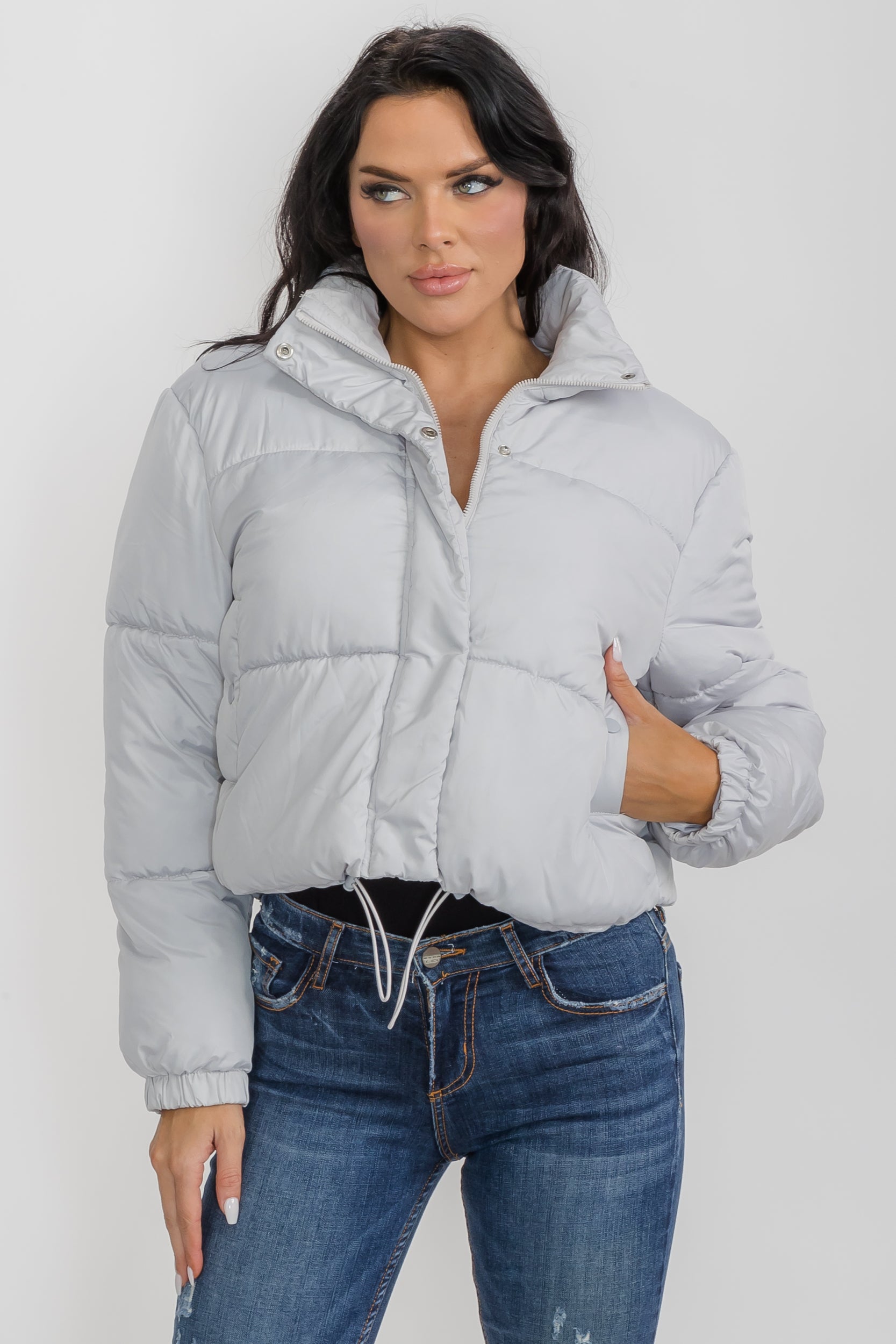 6857 - Crop Puffer Jacket - Zipper and Drawstring with Pockets